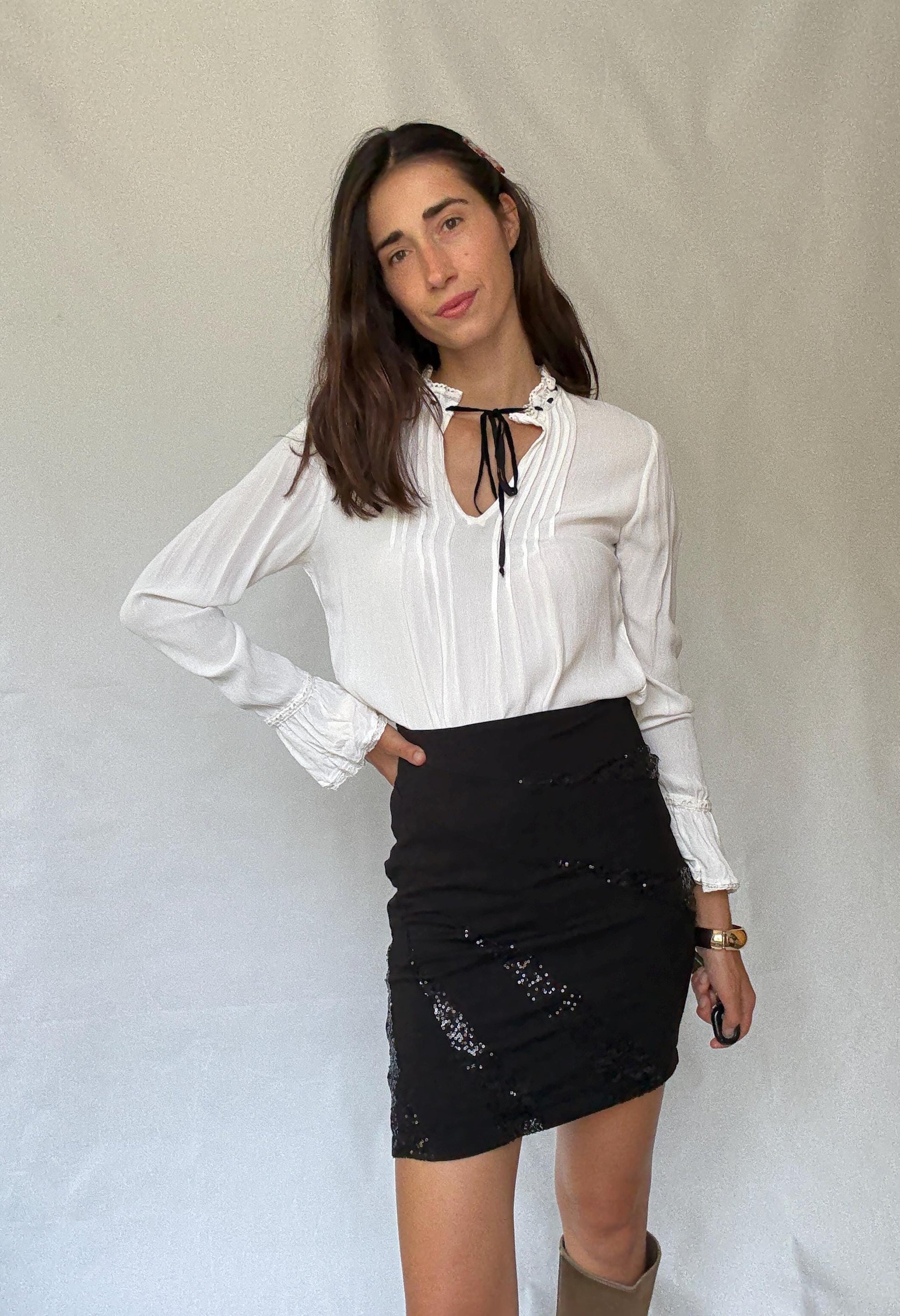 Sophisticated Morgan Skirt with Sequined Accents in Black for a US Size 4 - 6 with Y2K and Minimalist Vibe, Tilda Swinton Style