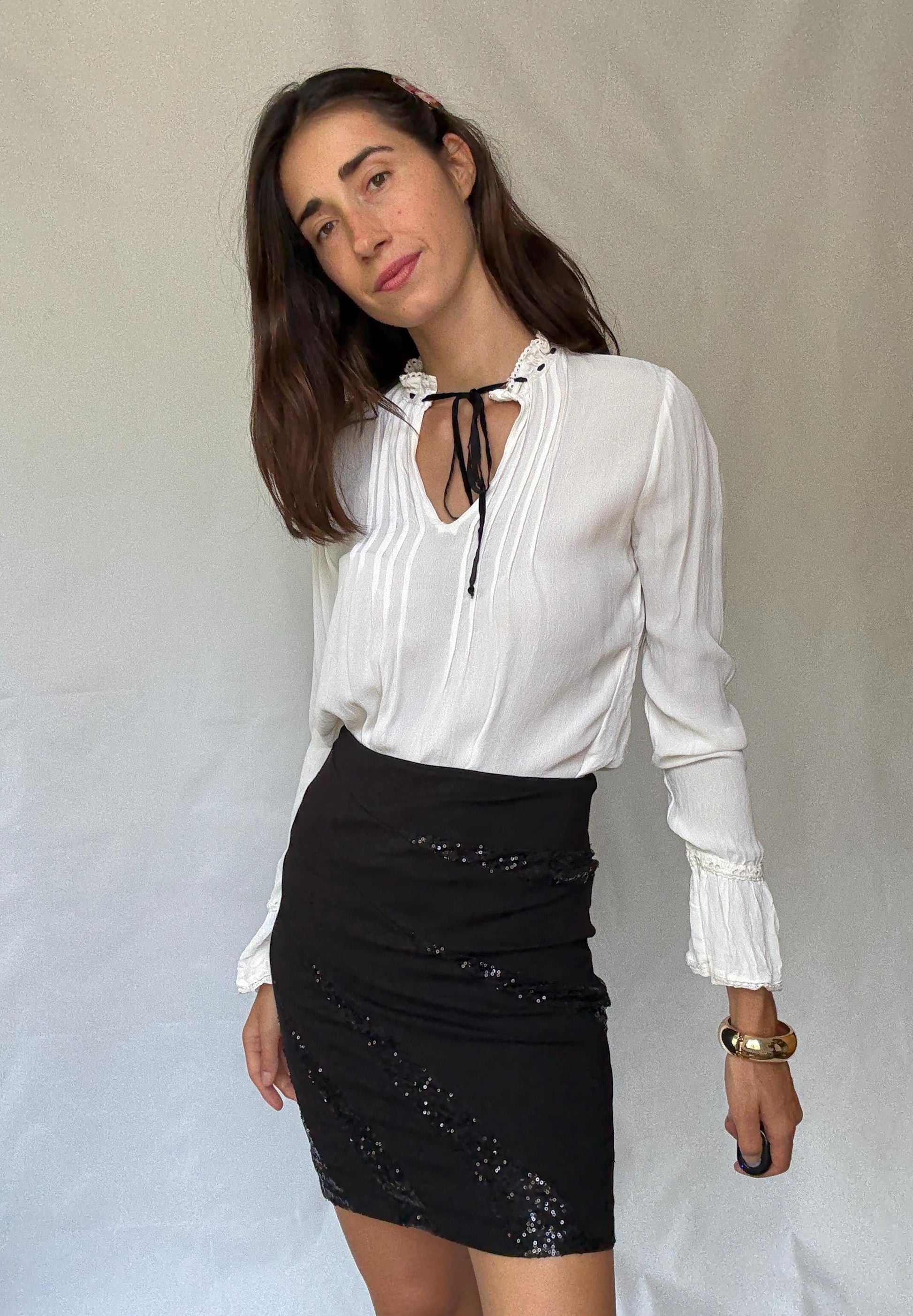 Sophisticated Morgan Skirt with Sequined Accents in Black for a US Size 4 - 6 with Y2K and Minimalist Vibe, Tilda Swinton Style