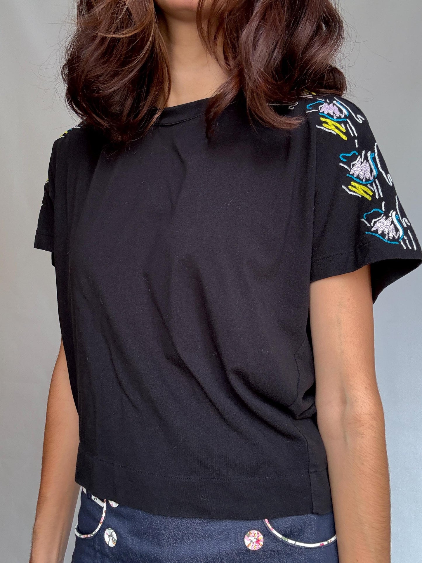 Black casual t-shirt, cotton blend, relaxed fit, floral embroidery on shoulders, casual chic, US S, everyday wear