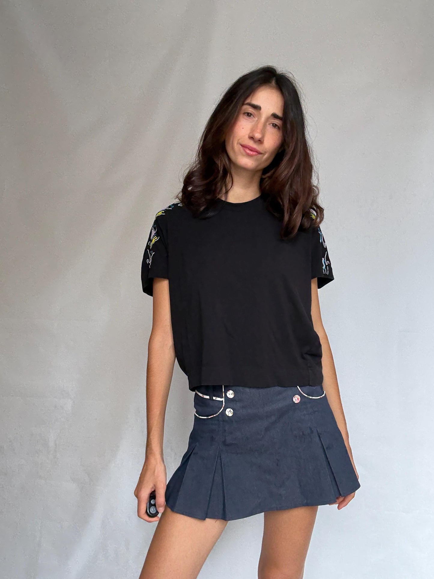 Black casual t-shirt, cotton blend, relaxed fit, floral embroidery on shoulders, casual chic, US S, everyday wear