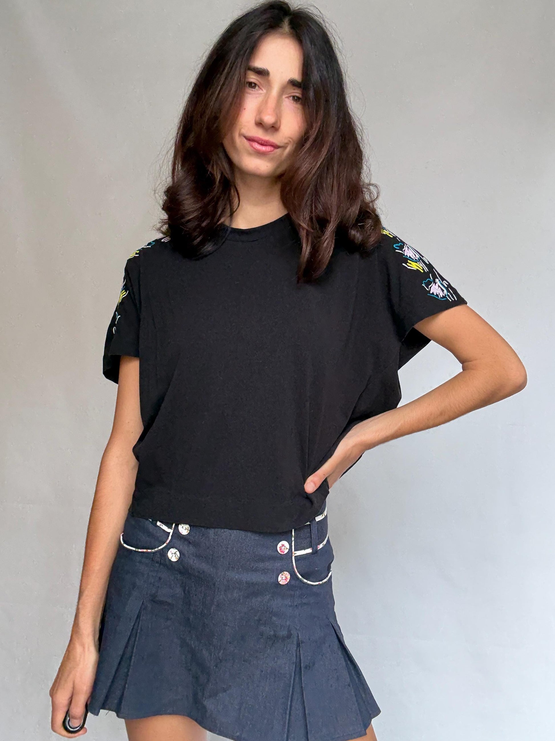 Black casual t-shirt, cotton blend, relaxed fit, floral embroidery on shoulders, casual chic, US S, everyday wear