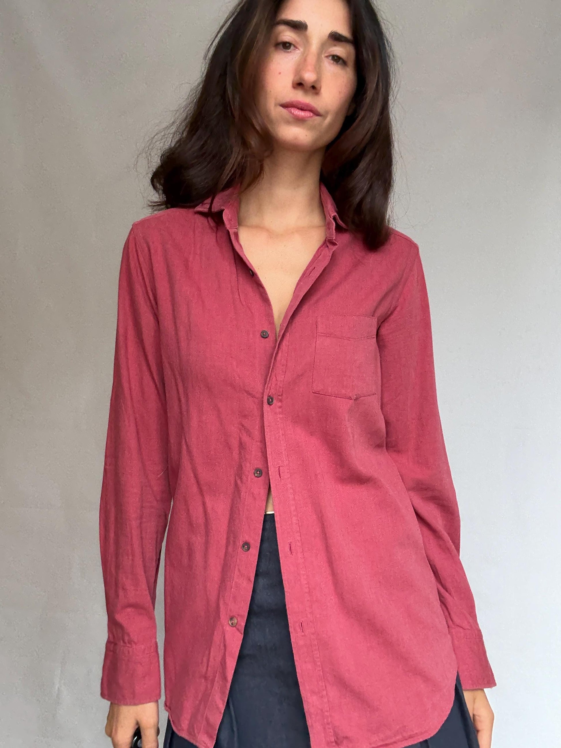 Massimo Dutti reddish, pink button, up blouse, cotton feel, relaxed fit, single chest pocket, minimalist style, US S, office casual