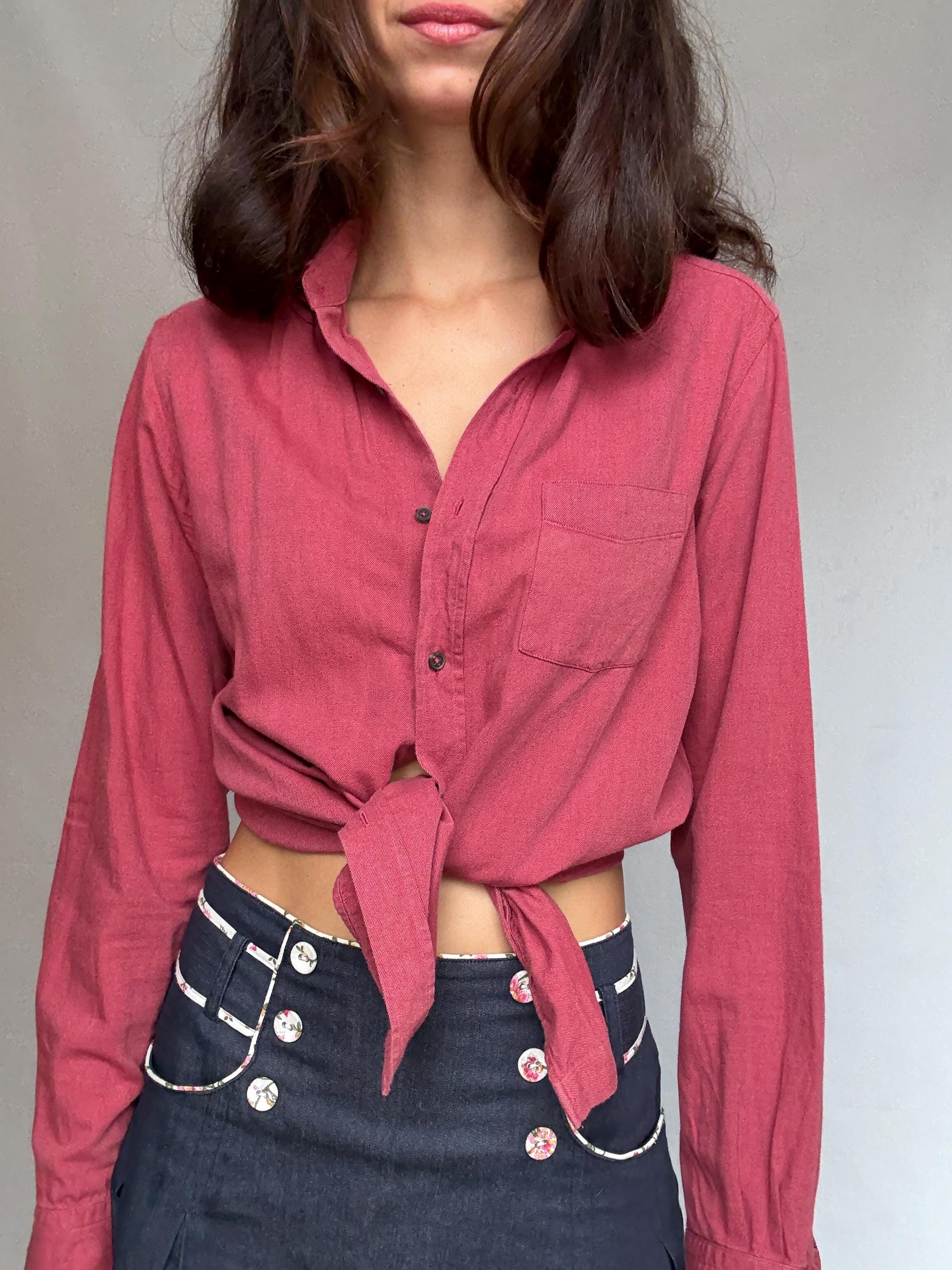Massimo Dutti reddish, pink button, up blouse, cotton feel, relaxed fit, single chest pocket, minimalist style, US S, office casual