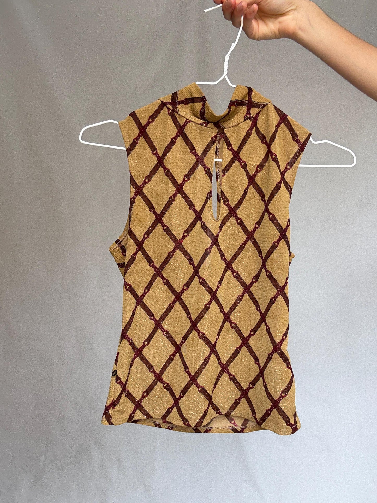 TRB by tru blu tan sleeveless top, cotton feel, high neck, keyhole neckline, grid pattern, retro 90s y2k, US M, streetwear vibe