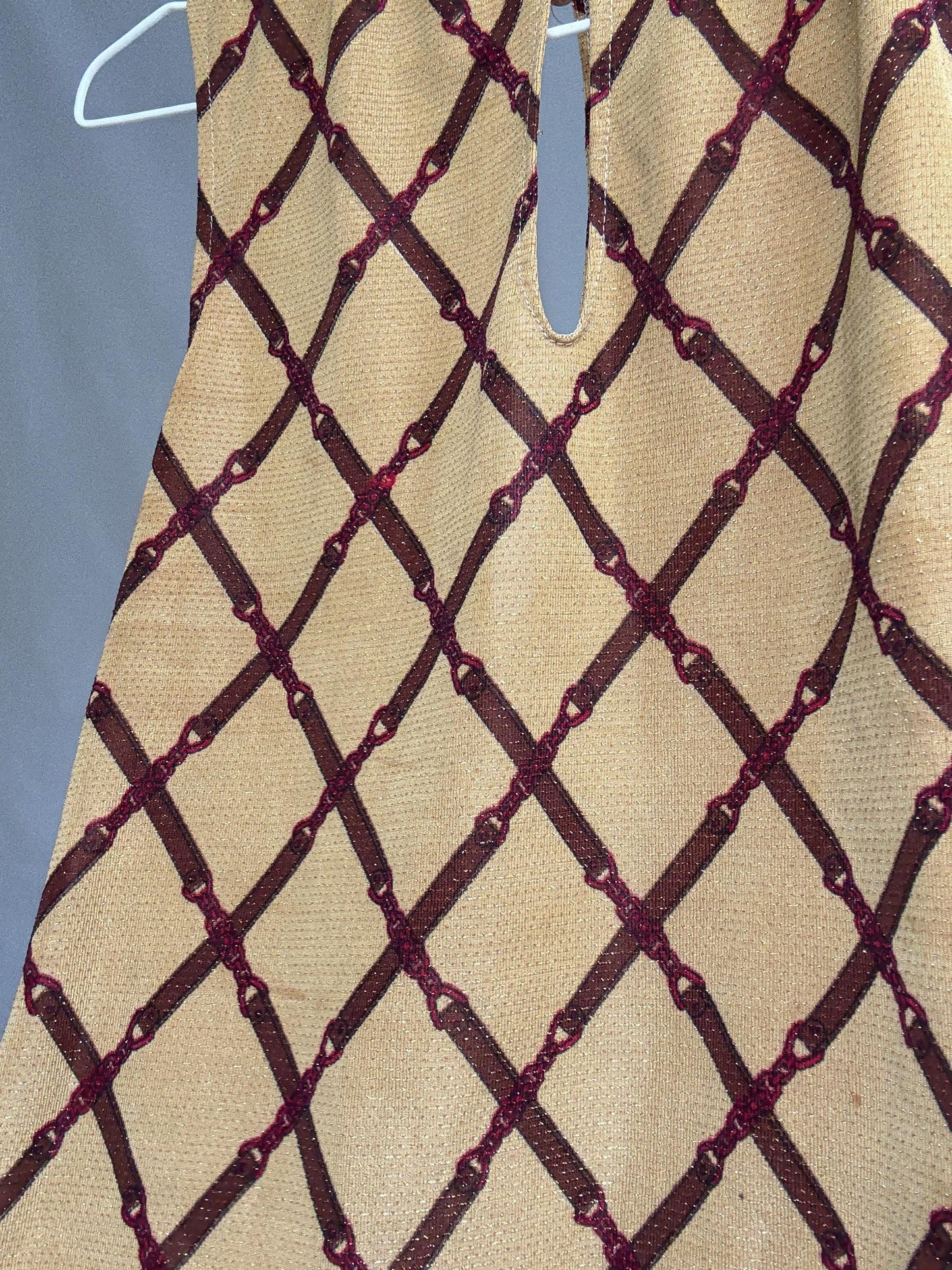 TRB by tru blu tan sleeveless top, cotton feel, high neck, keyhole neckline, grid pattern, retro 90s y2k, US M, streetwear vibe