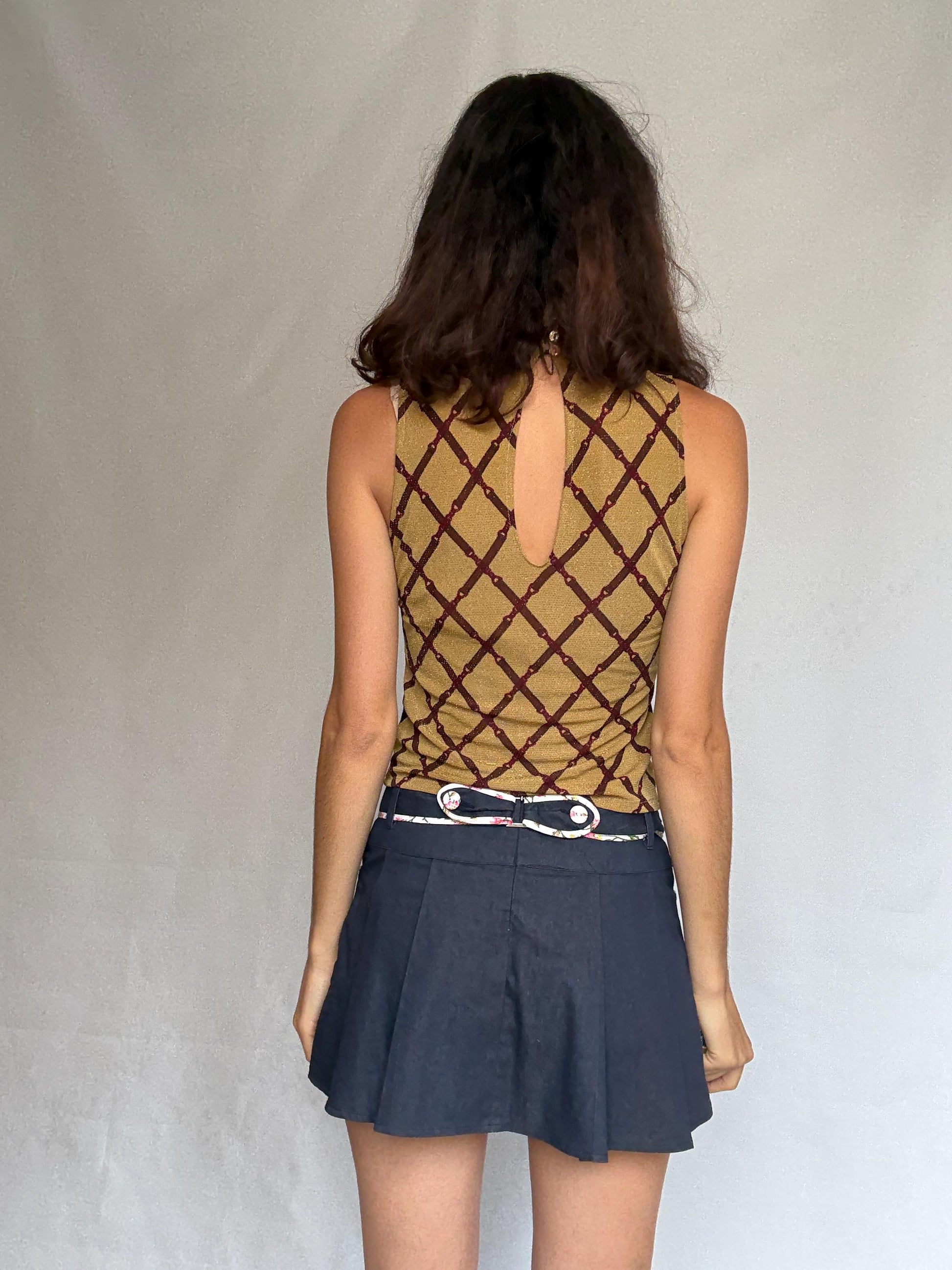 TRB by tru blu tan sleeveless top, cotton feel, high neck, keyhole neckline, grid pattern, retro 90s y2k, US M, streetwear vibe