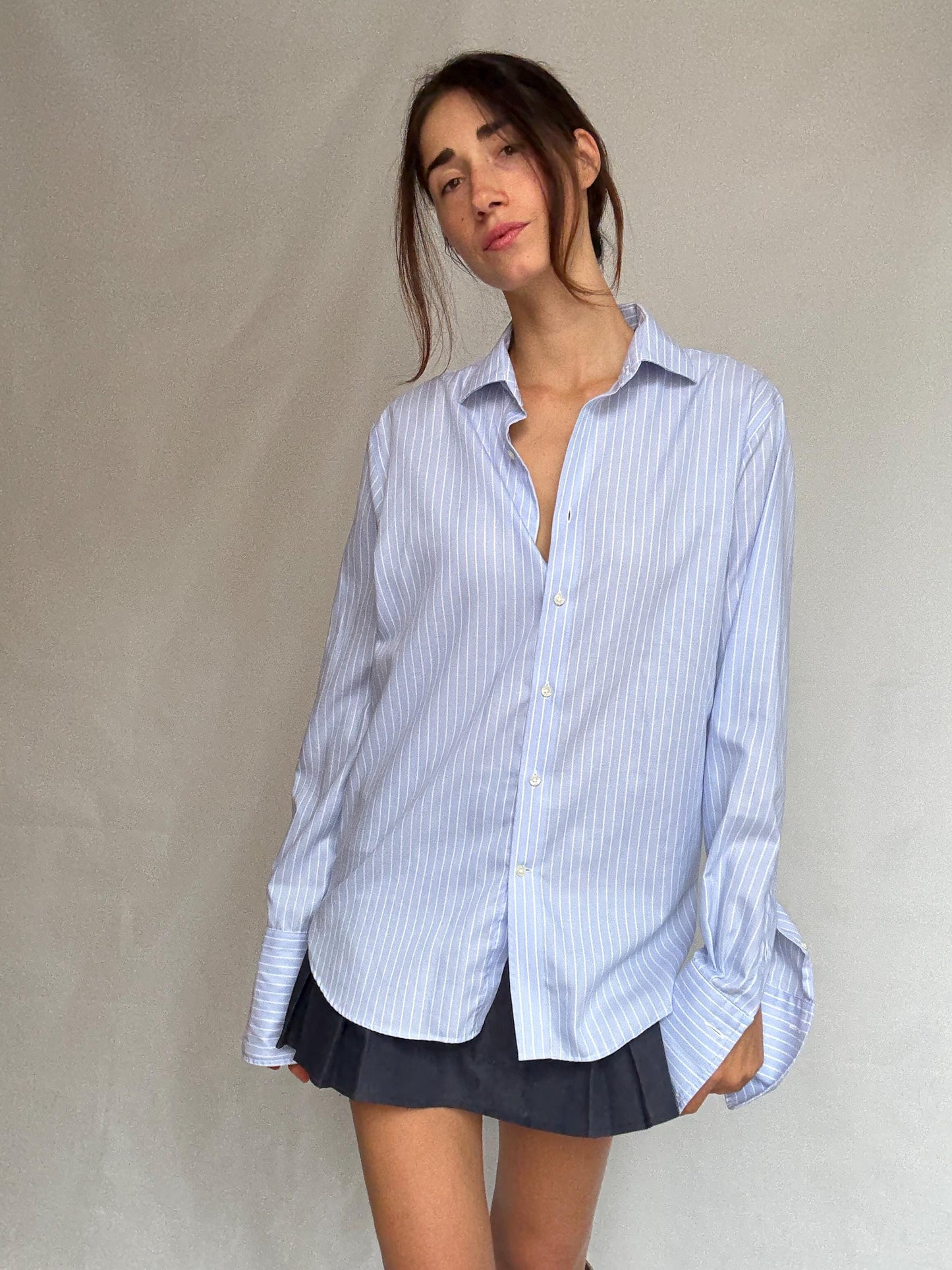 Pedro Del Hierro light blue pinstripe shirt, cotton feel, relaxed fit, buttoned cuffs, vintage 90s, US L, versatile smart wear