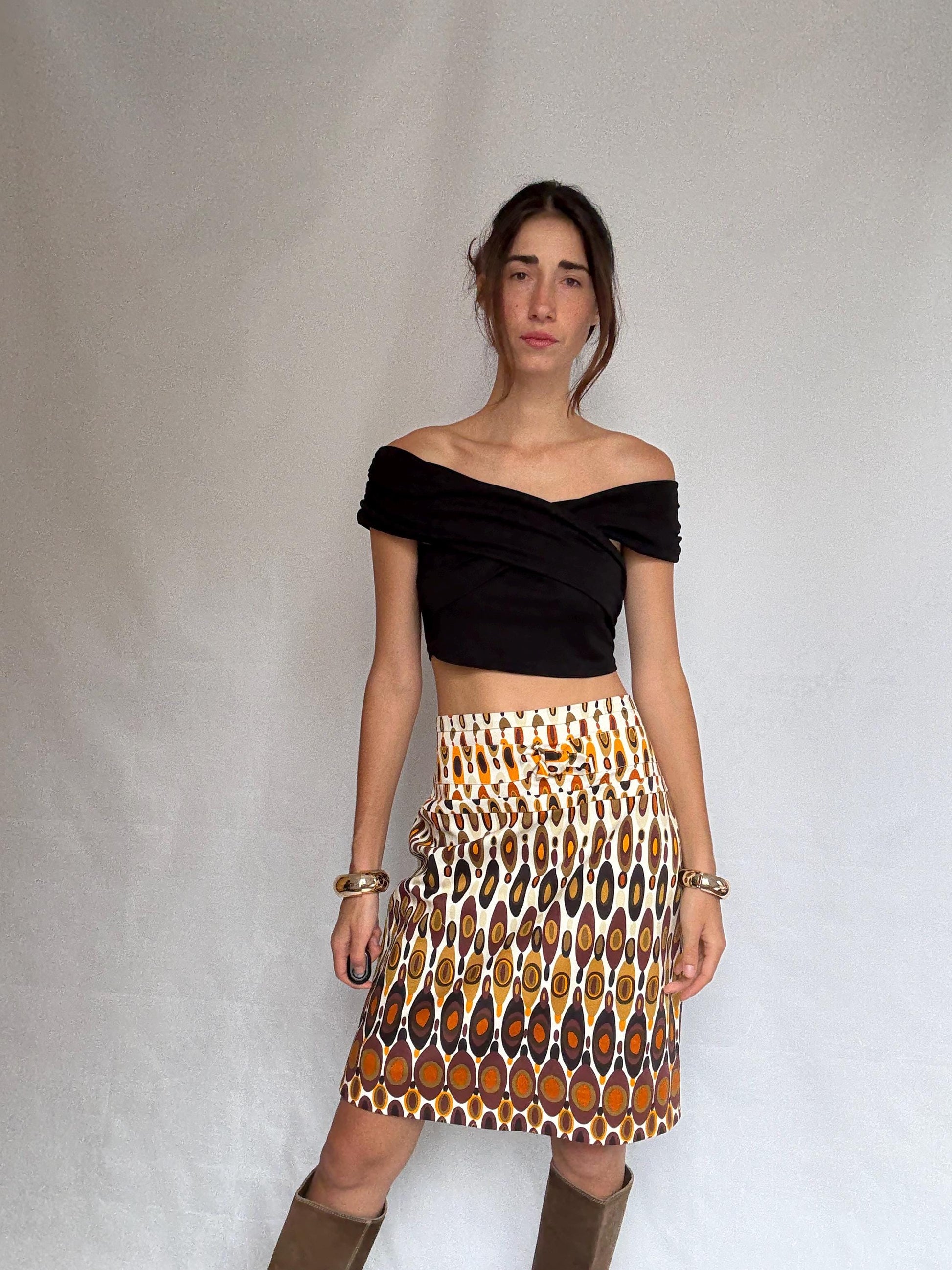 Pedro del Hierro geometric skirt, cotton blend, fitted waist, vibrant pattern, retro 70s vibe, US L, casual streetwear