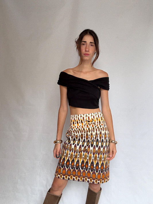 Pedro del Hierro geometric skirt, cotton blend, fitted waist, vibrant pattern, retro 70s vibe, US L, casual streetwear