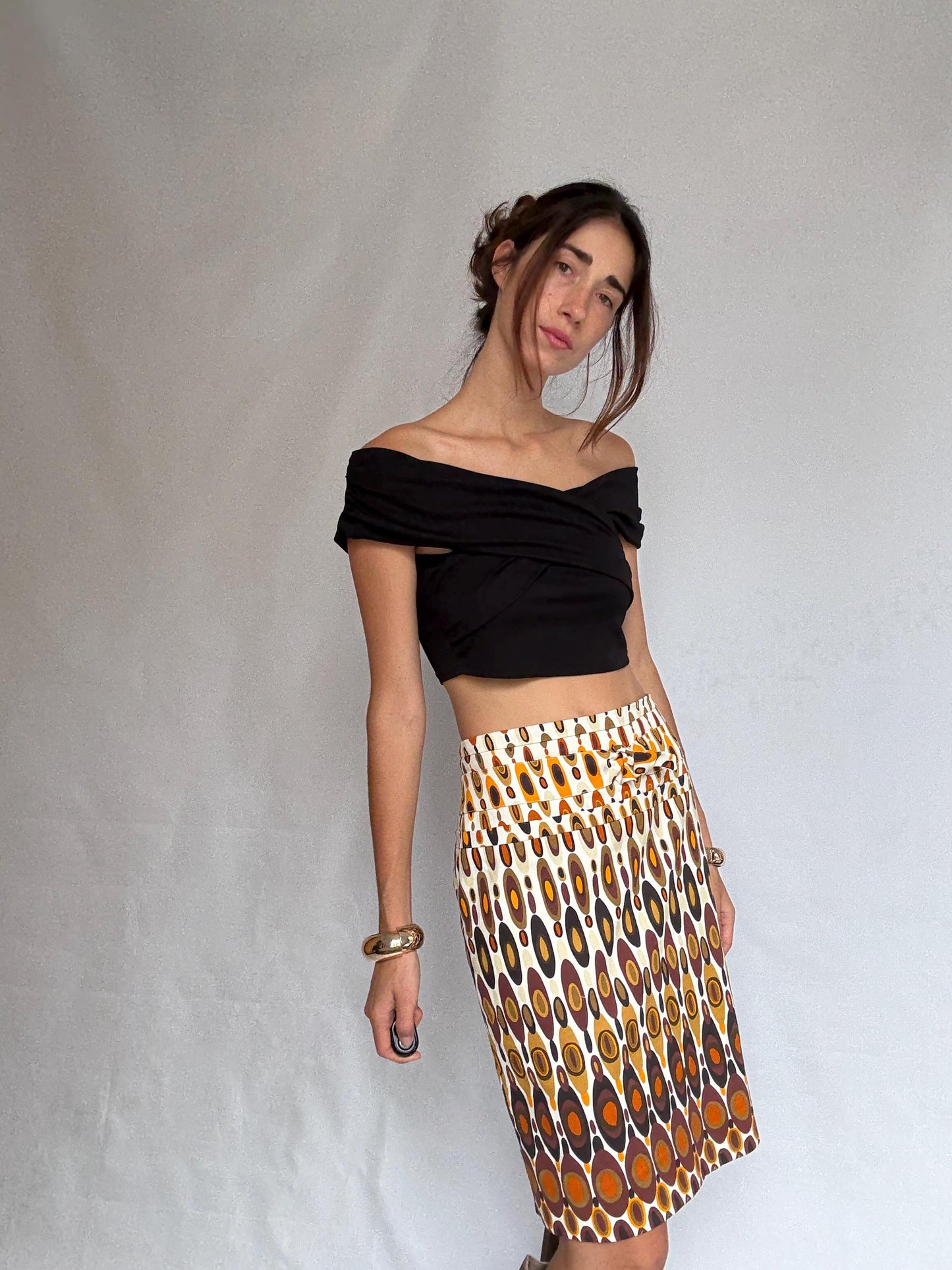 Pedro del Hierro geometric skirt, cotton blend, fitted waist, vibrant pattern, retro 70s vibe, US L, casual streetwear