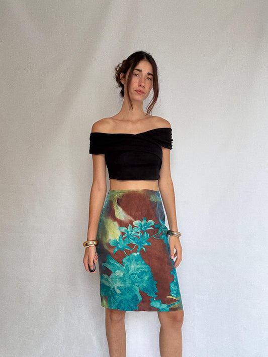 Vintage abstract floral skirt, silky feel, straight cut, colorful print, artistic flair, vintage 90s, US L, evening statement piece