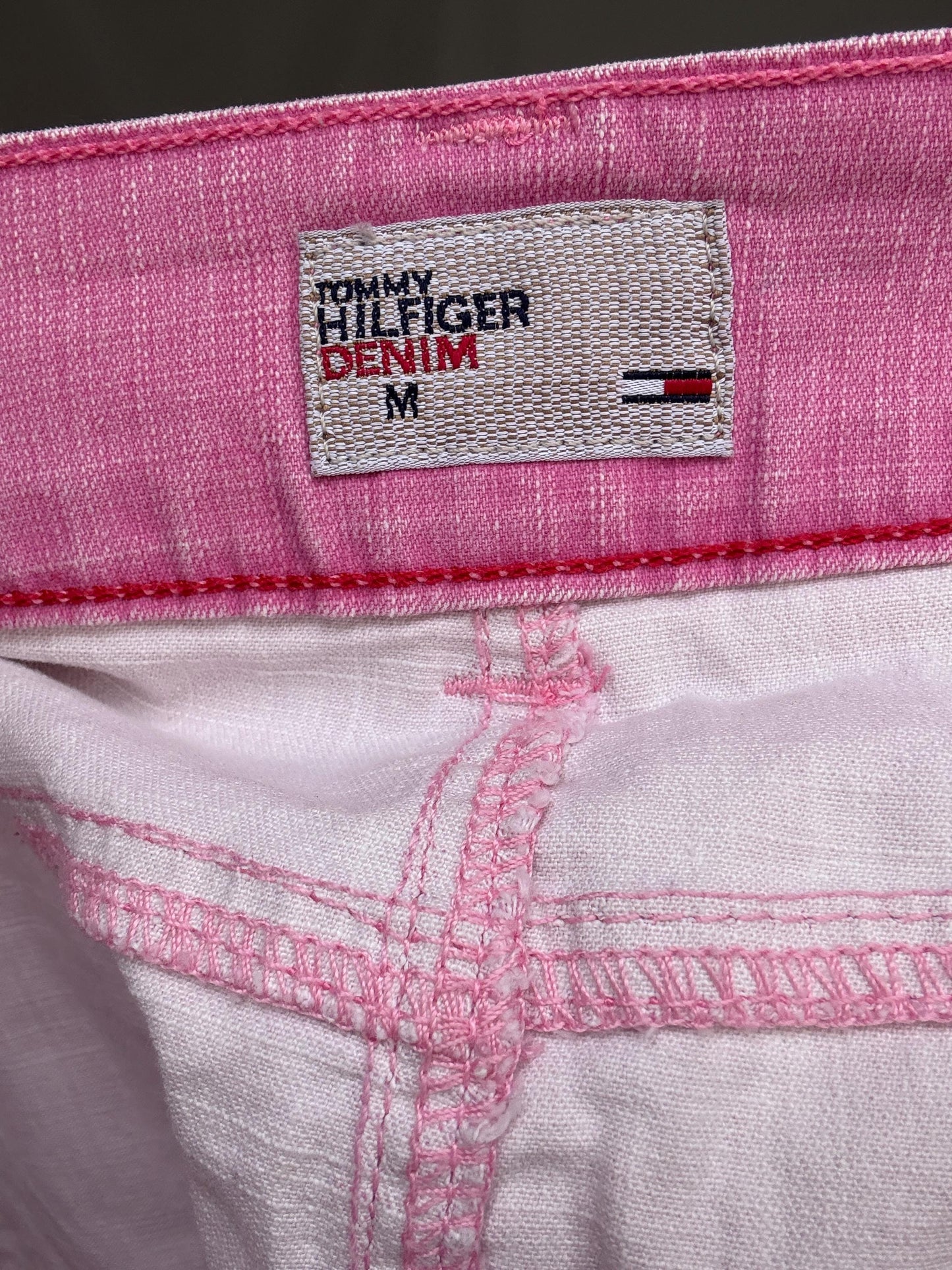 Tommy Hilfiger Pink denim mini skirt, structured fit, front button and zip, logo detail, casual streetwear, US M, versatile outings