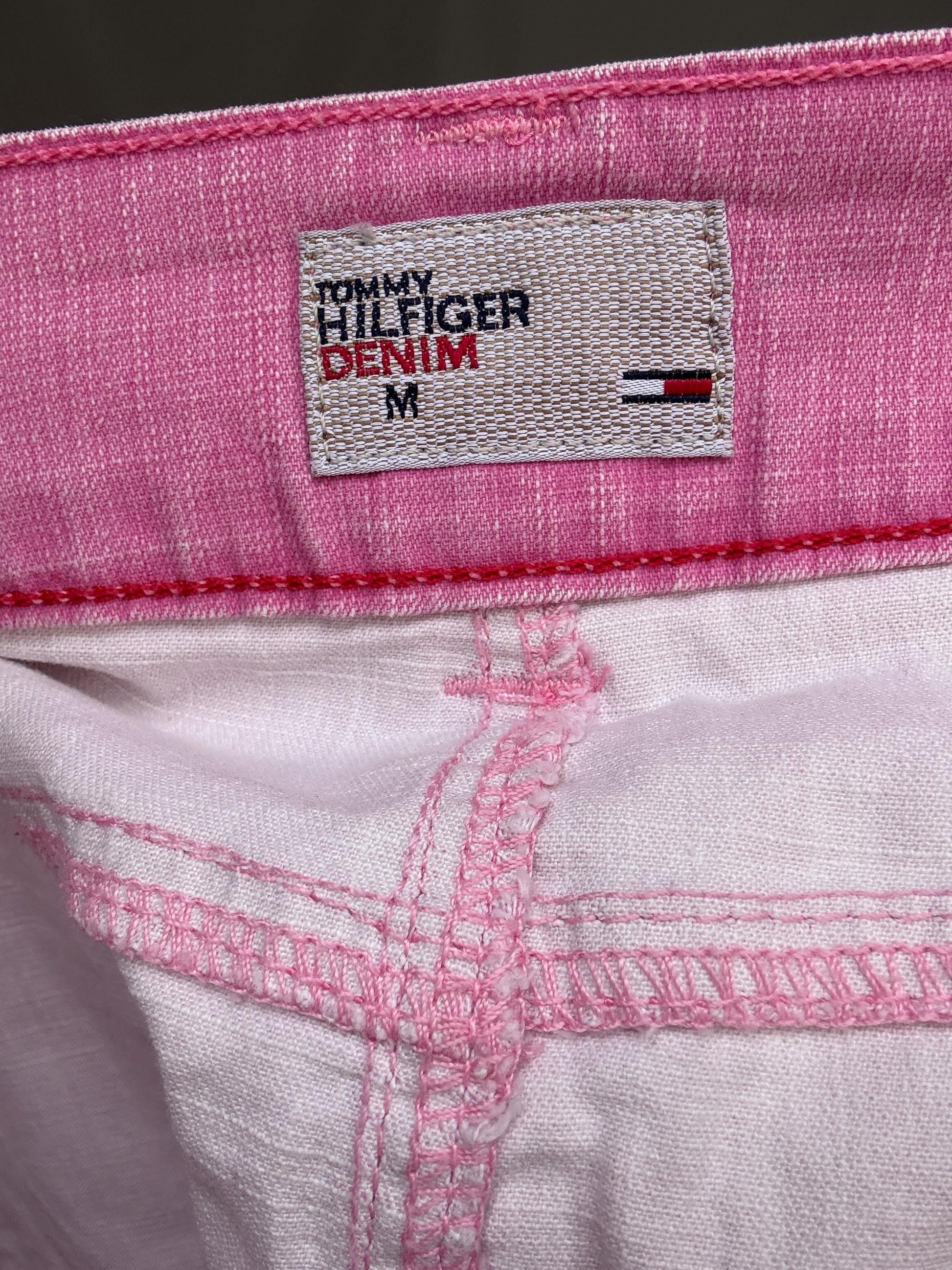 Tommy Hilfiger Pink denim mini skirt, structured fit, front button and zip, logo detail, casual streetwear, US M, versatile outings