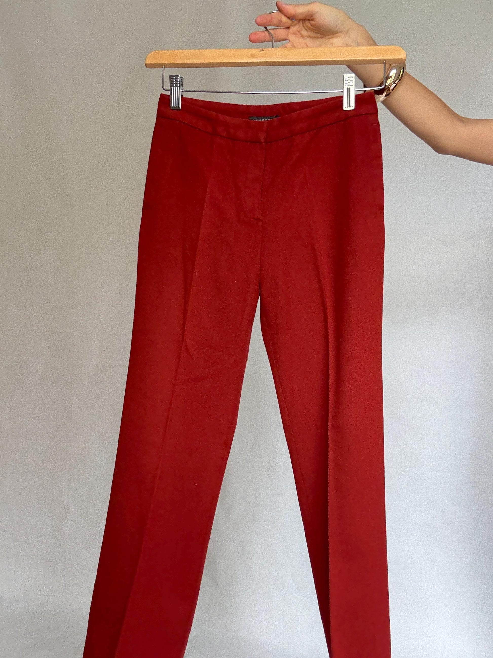 Massimo Dutti red trousers, pure wool, high waist tailored fit, streamlined look, elegant chic, US S, formal office wear