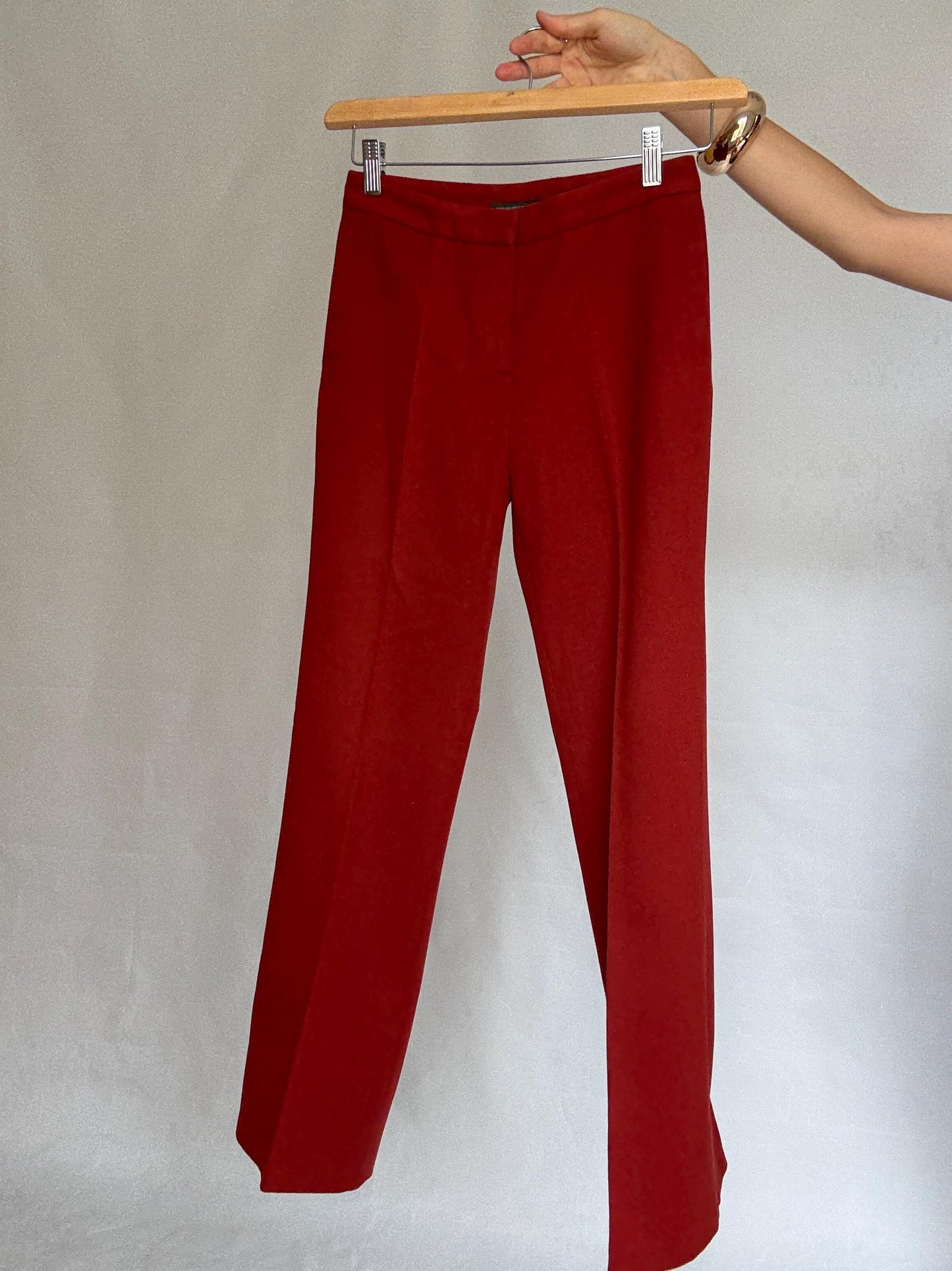 Massimo Dutti red trousers, pure wool, high waist tailored fit, streamlined look, elegant chic, US S, formal office wear