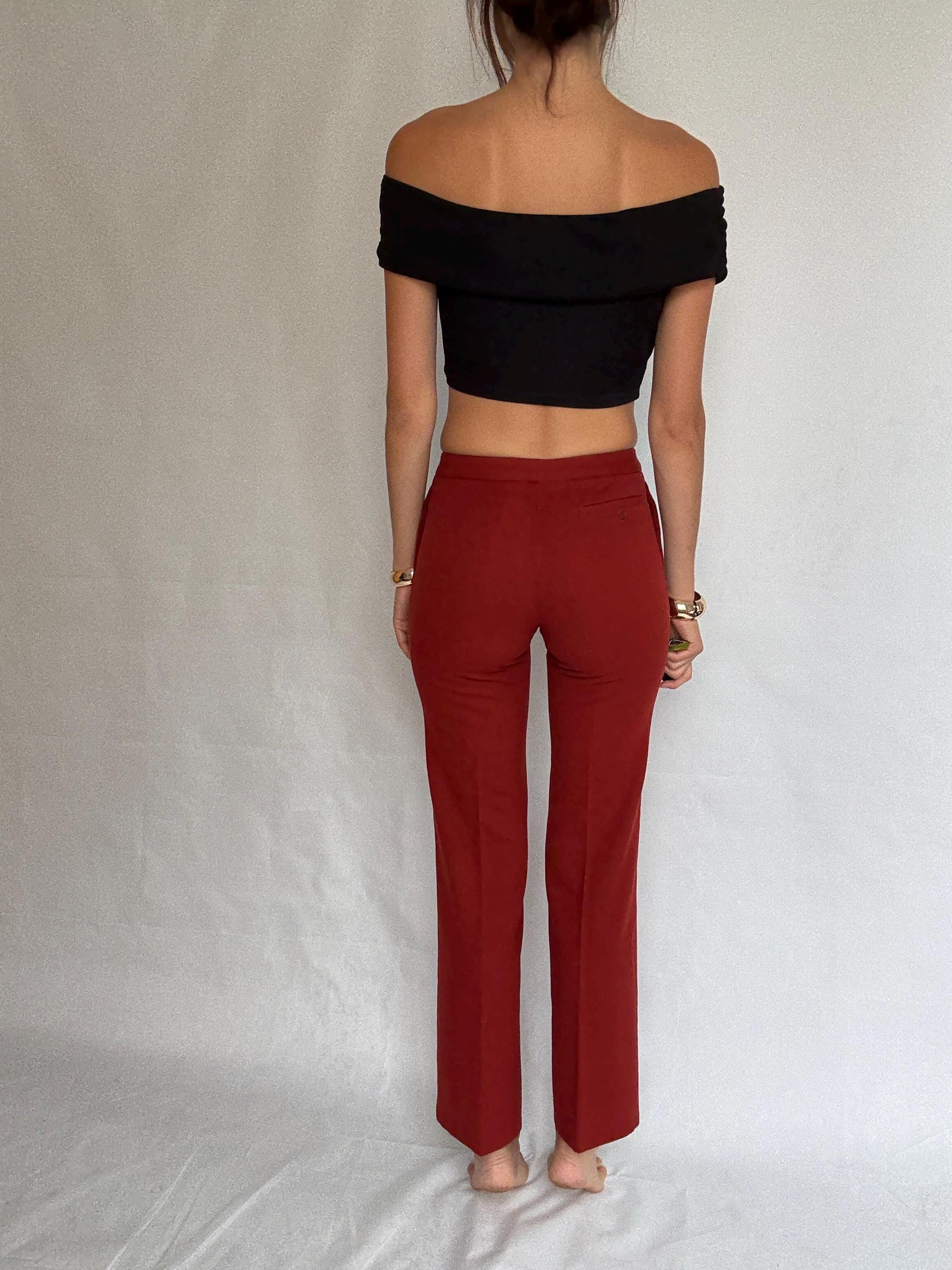 Massimo Dutti red trousers, pure wool, high waist tailored fit, streamlined look, elegant chic, US S, formal office wear