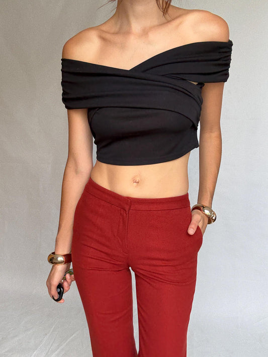 Massimo Dutti red trousers, pure wool, high waist tailored fit, streamlined look, elegant chic, US S, formal office wear