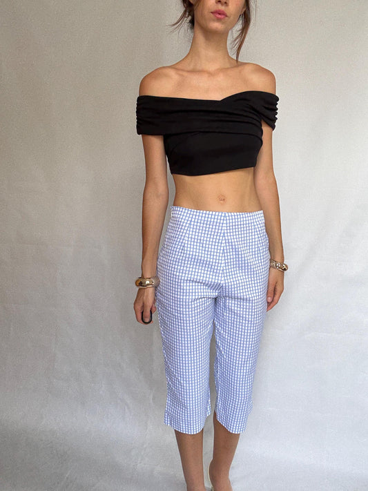 Burberry light blue checked cropped pants, 100% cotton, fitted waist, embroidered logo detail, vintage retro 80s, US S, casual streetwear