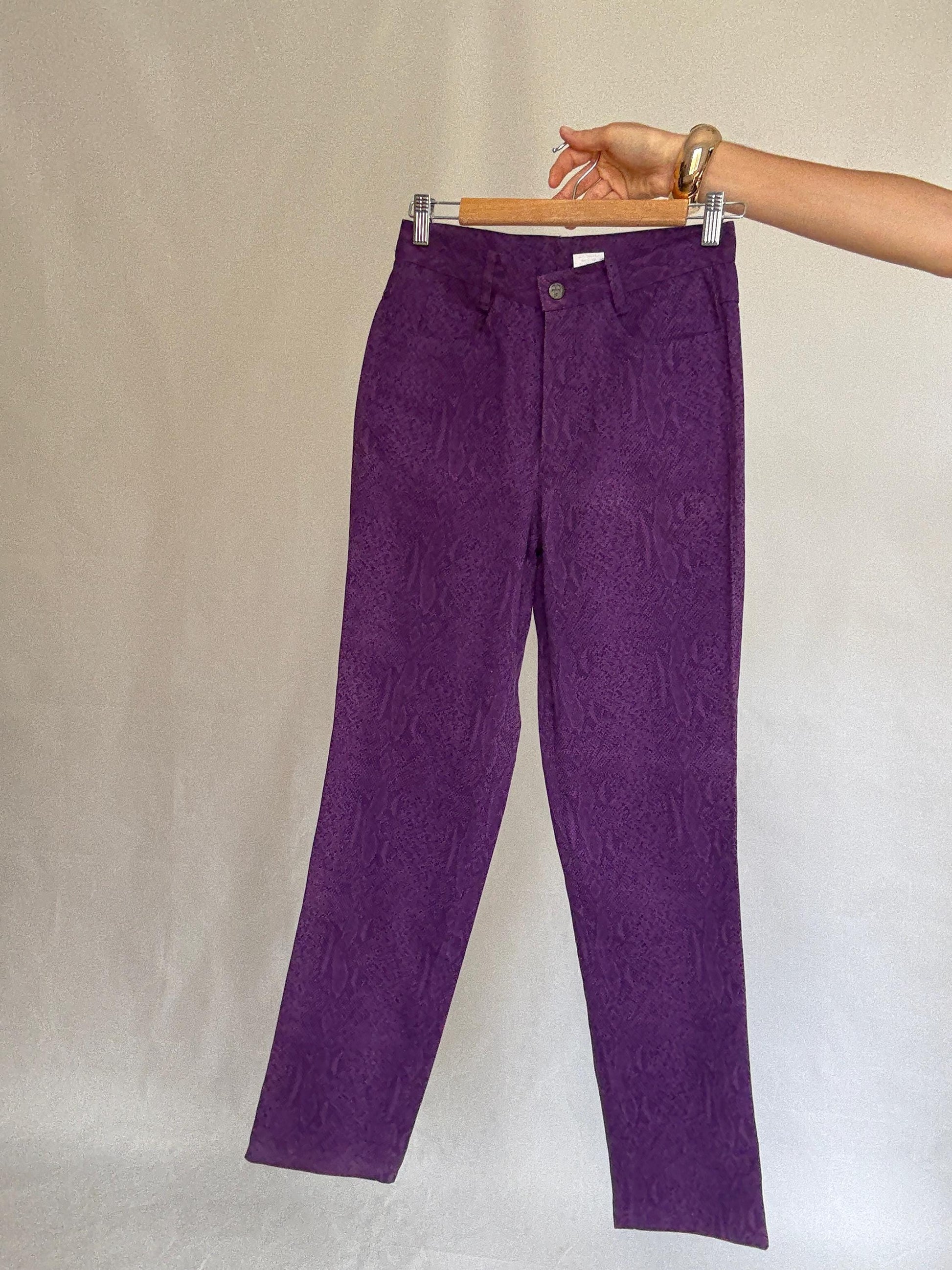Vintage purple snake print jeans, 100% cotton, high waist, straight leg, textured pattern, retro_80s vibe, US XS, streetwear chic