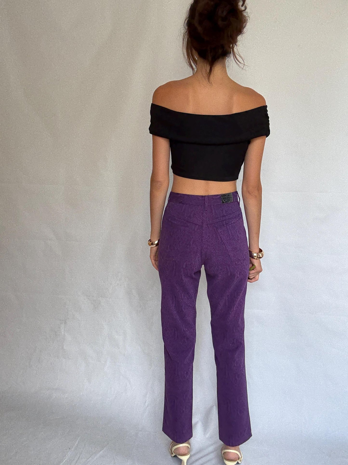 Vintage purple snake print jeans, 100% cotton, high waist, straight leg, textured pattern, retro_80s vibe, US XS, streetwear chic