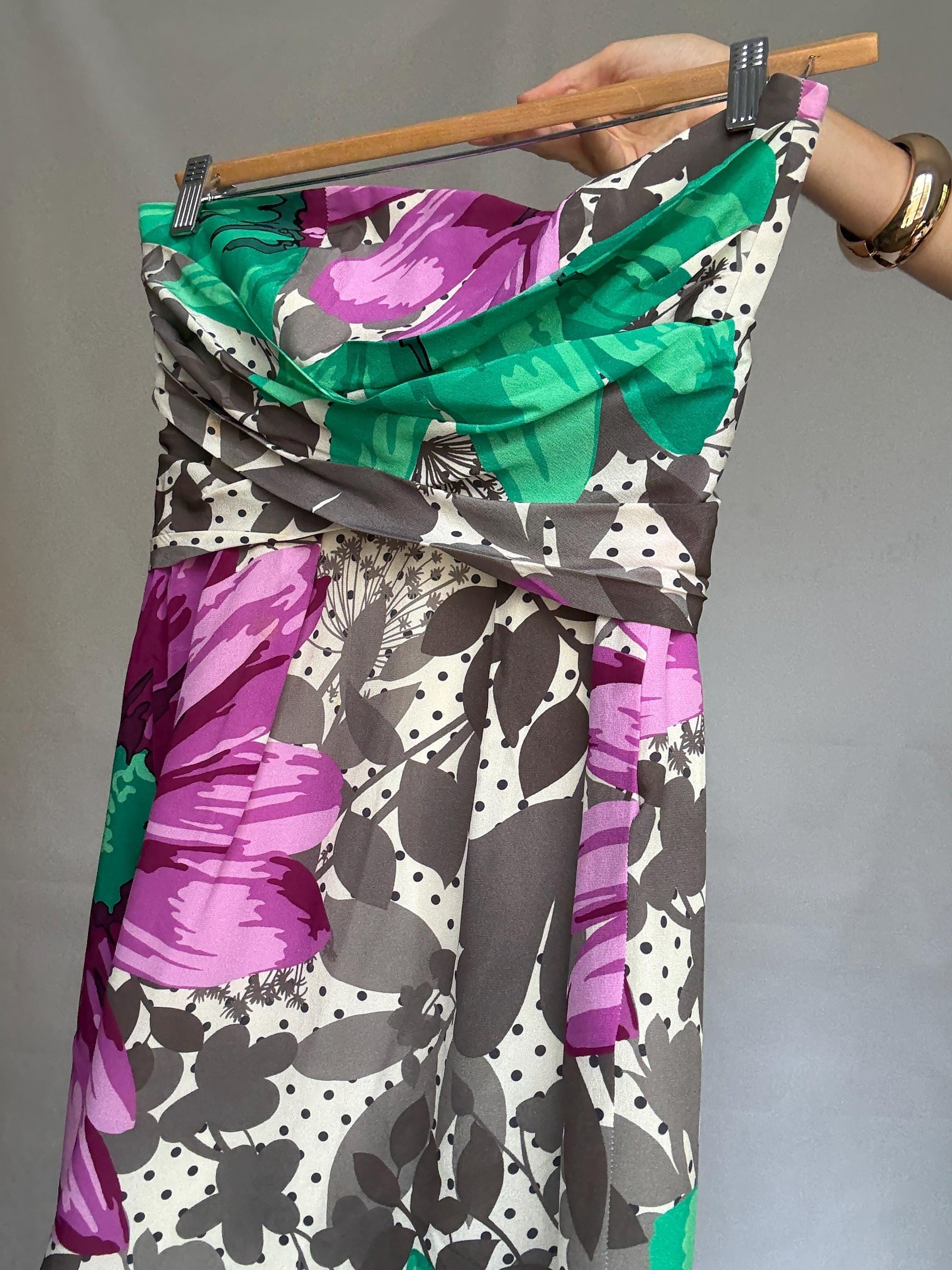 Paul & Joe Sister vibrant floral strapless dress, silk exterior, form, fitting silhouette, bold floral print, US L, chic summer style