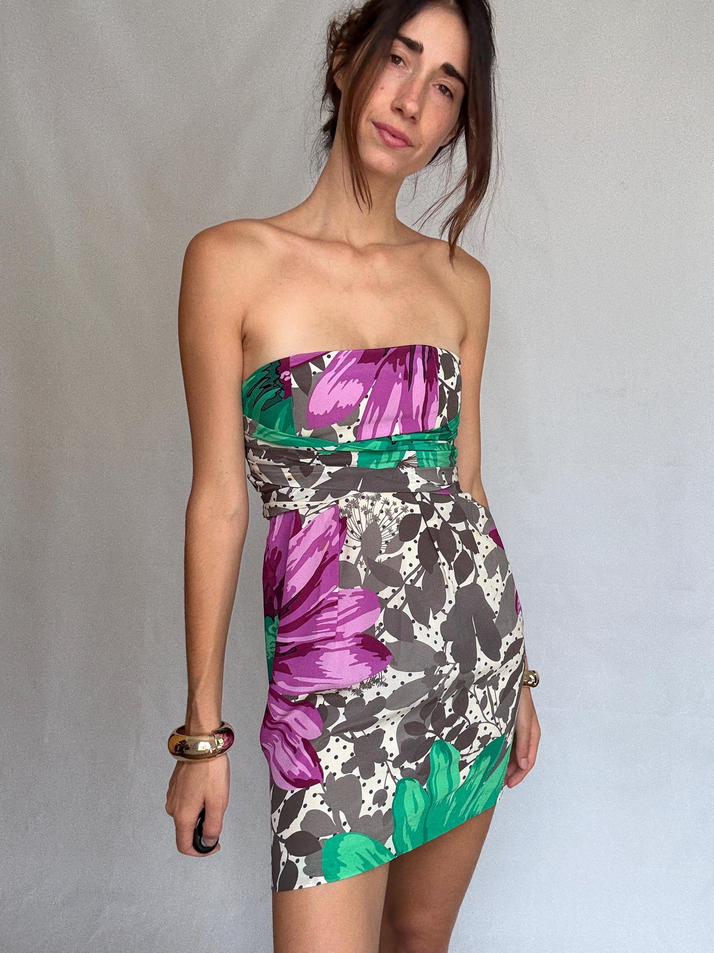 Paul & Joe Sister vibrant floral strapless dress, silk exterior, form, fitting silhouette, bold floral print, US L, chic summer style
