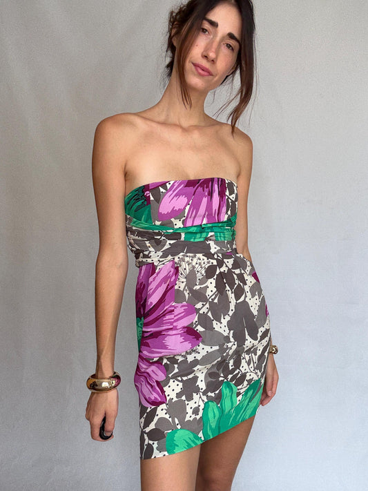 Paul & Joe Sister vibrant floral strapless dress, silk exterior, form, fitting silhouette, bold floral print, US L, chic summer style