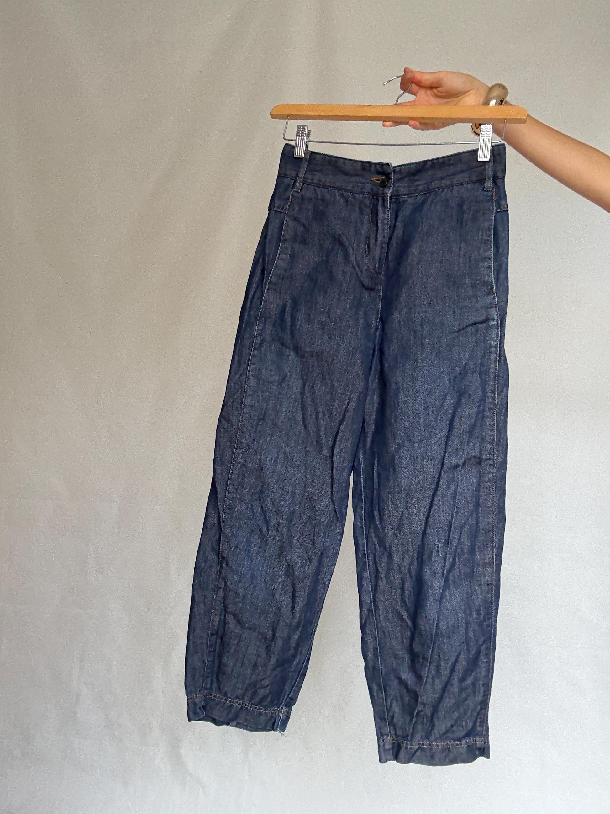 Adolfo Dominguez denim pants, cotton high waist cropped fit, Spanish designer clothing, Size S, casual streetwear