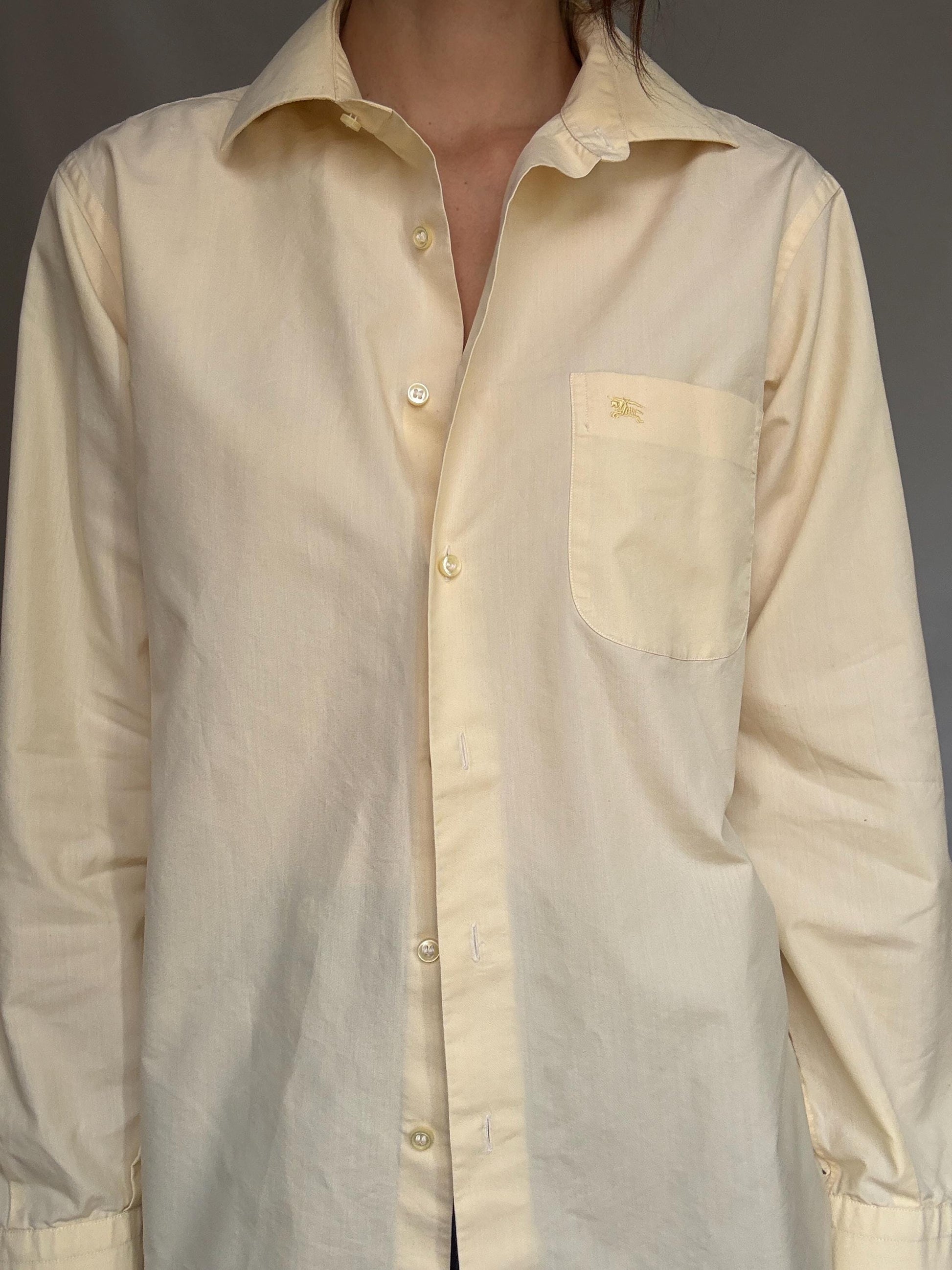 Burberry London beige button, up shirt, cotton feel, relaxed fit, embroidered logo detail, minimalist, US XL, casual layering piece, size XL