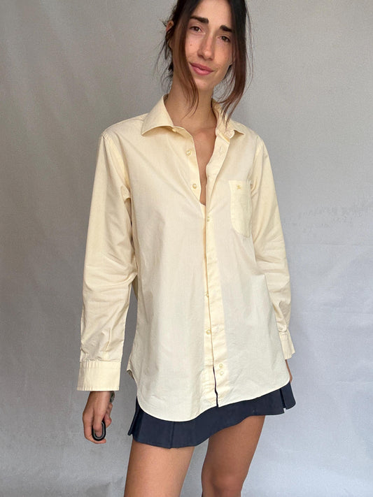 Burberry London beige button, up shirt, cotton feel, relaxed fit, embroidered logo detail, minimalist, US XL, casual layering piece, size XL
