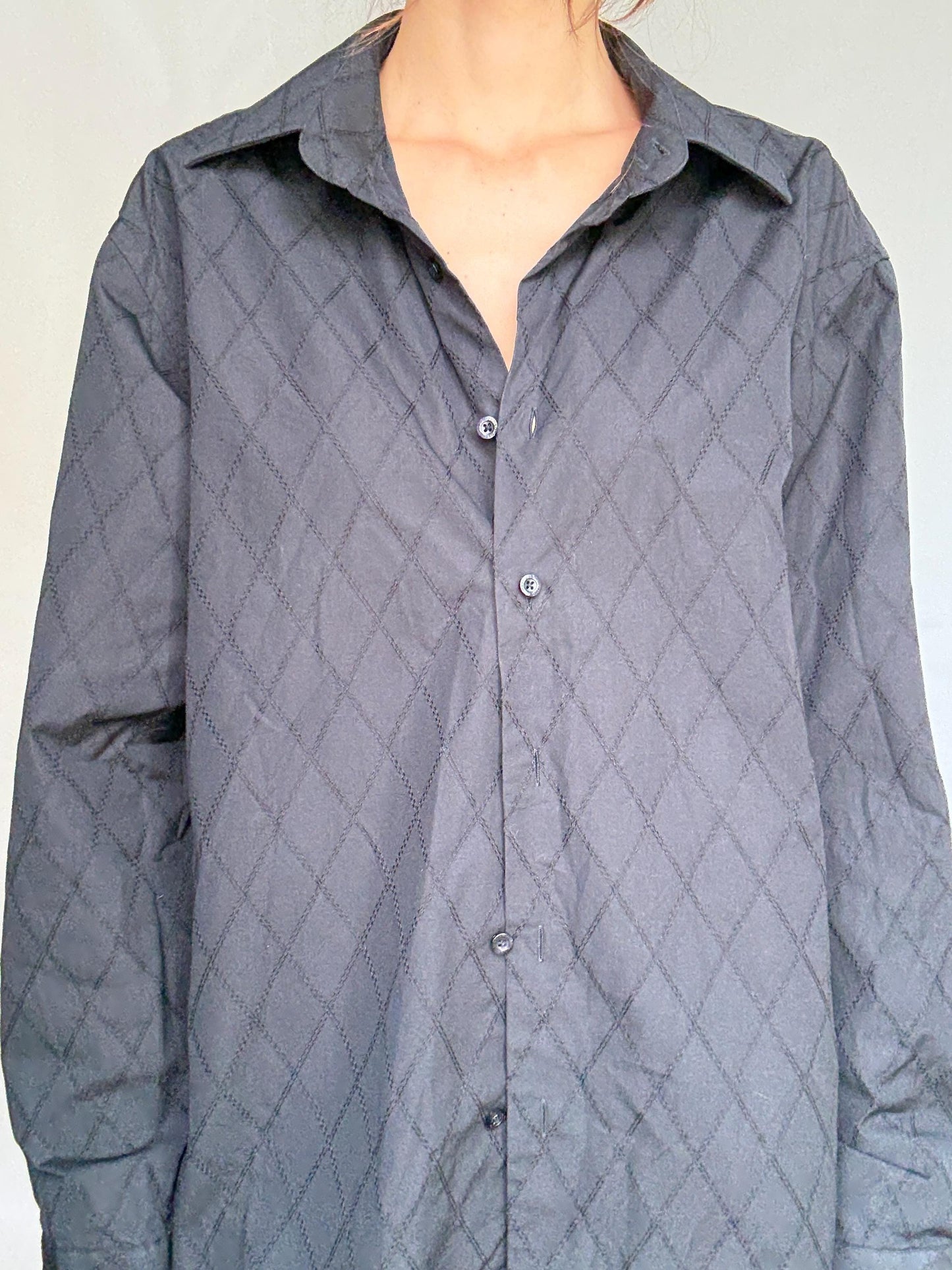 Vintage black quilted shirt, cotton, relaxed fit, classic button, up, diamond quilted pattern, streetwear Kristen Stewart, US L