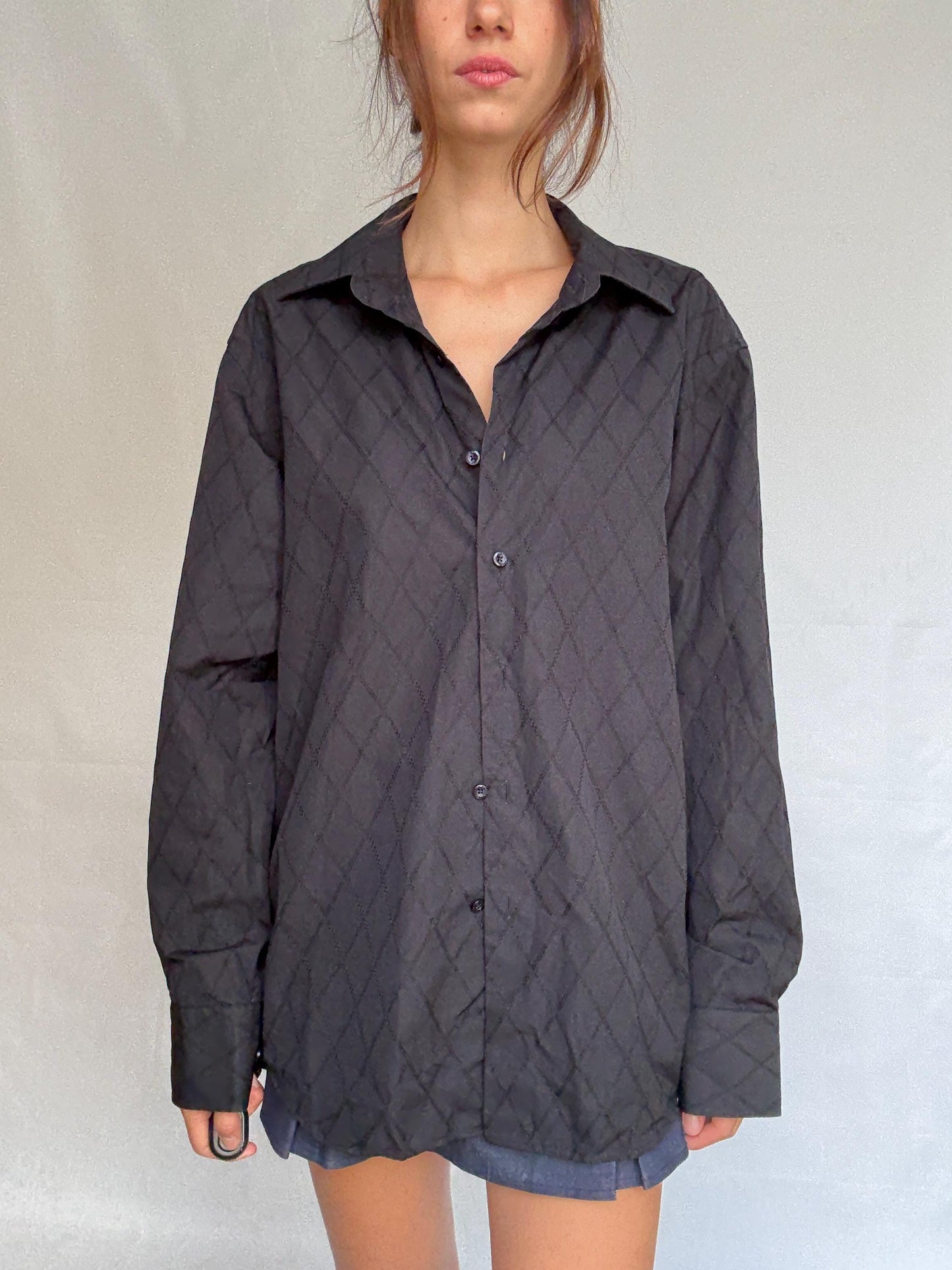 Vintage black quilted shirt, cotton, relaxed fit, classic button, up, diamond quilted pattern, streetwear Kristen Stewart, US L