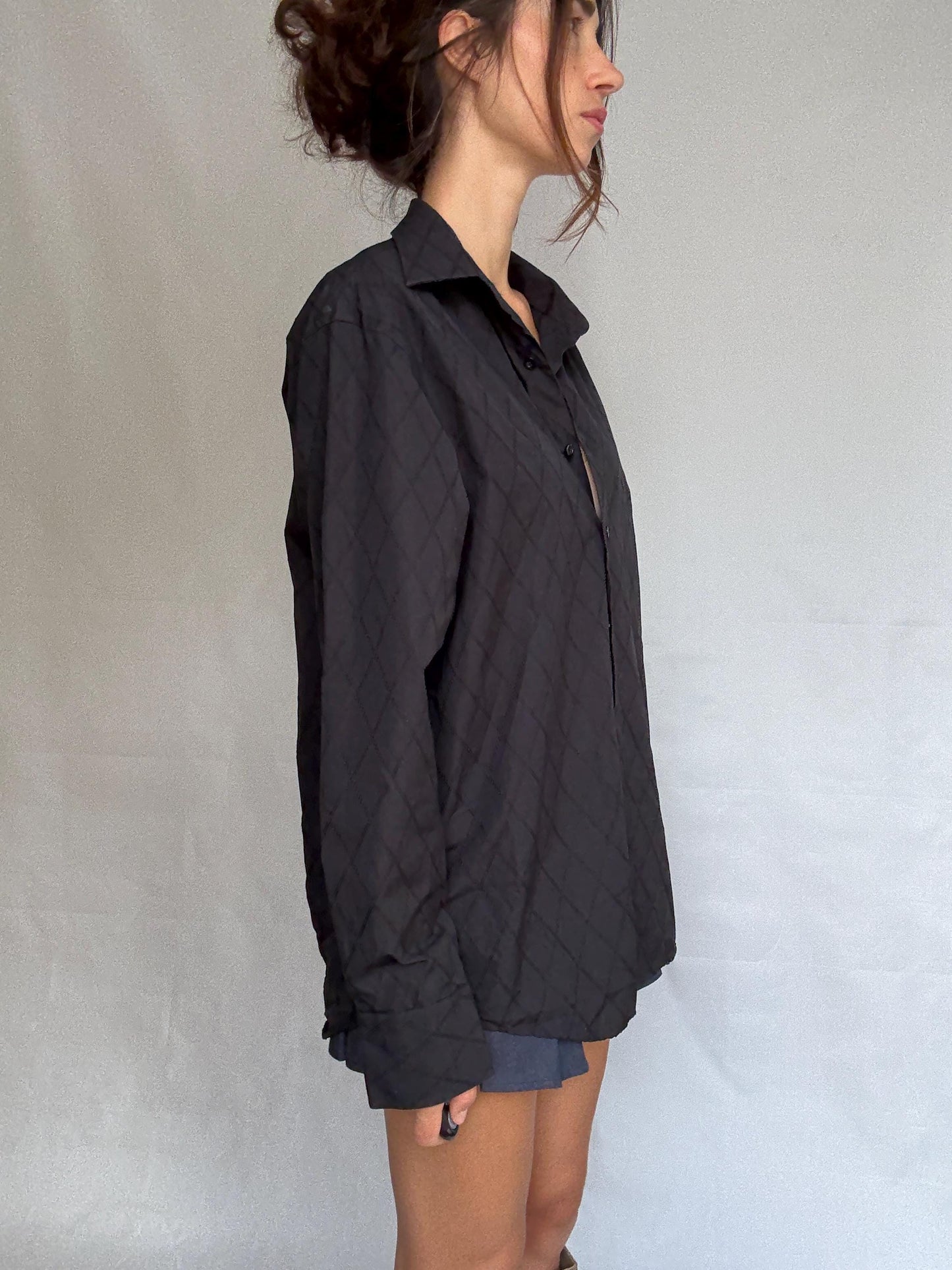 Vintage black quilted shirt, cotton, relaxed fit, classic button, up, diamond quilted pattern, streetwear Kristen Stewart, US L