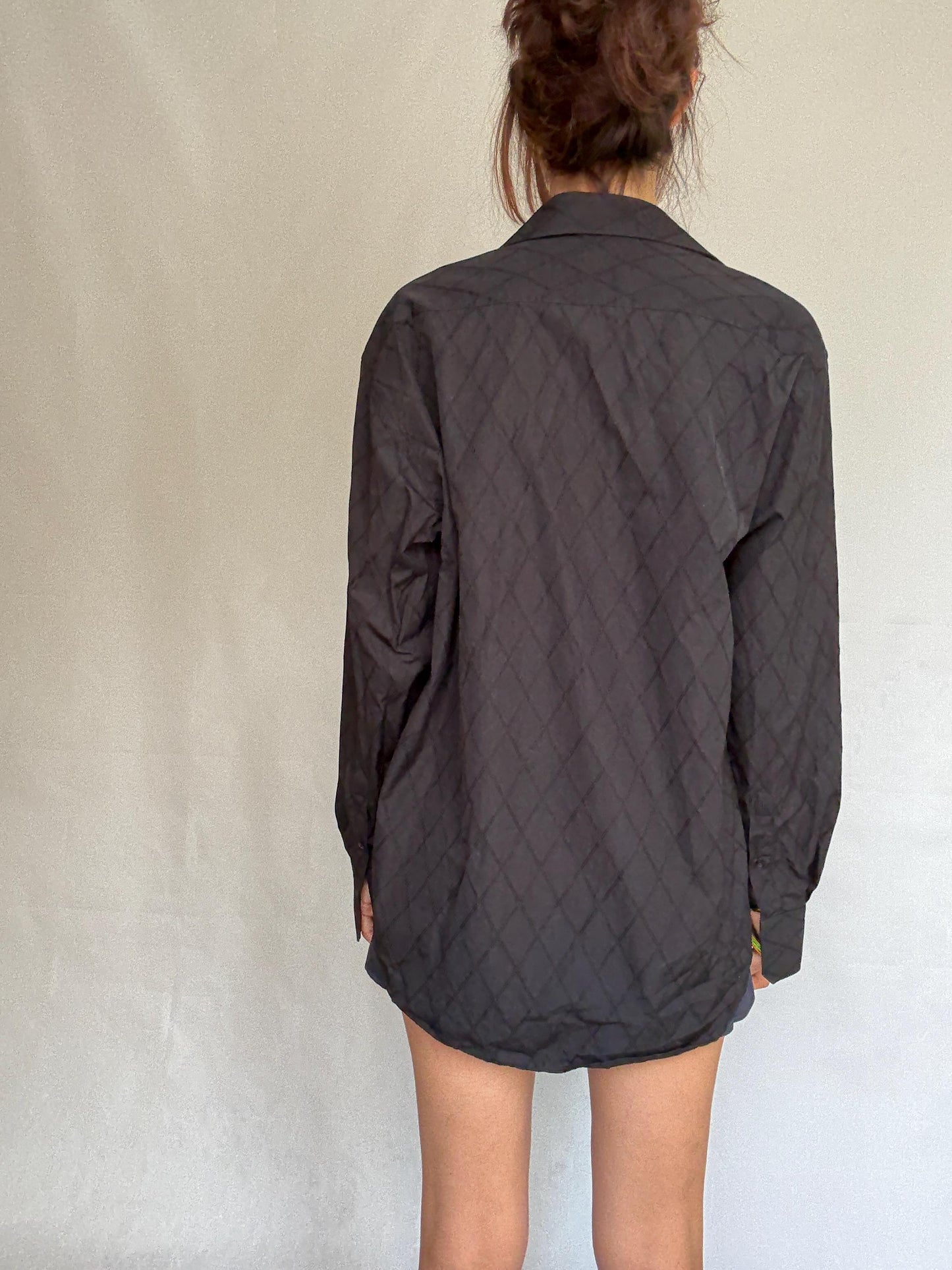 Vintage black quilted shirt, cotton, relaxed fit, classic button, up, diamond quilted pattern, streetwear Kristen Stewart, US L