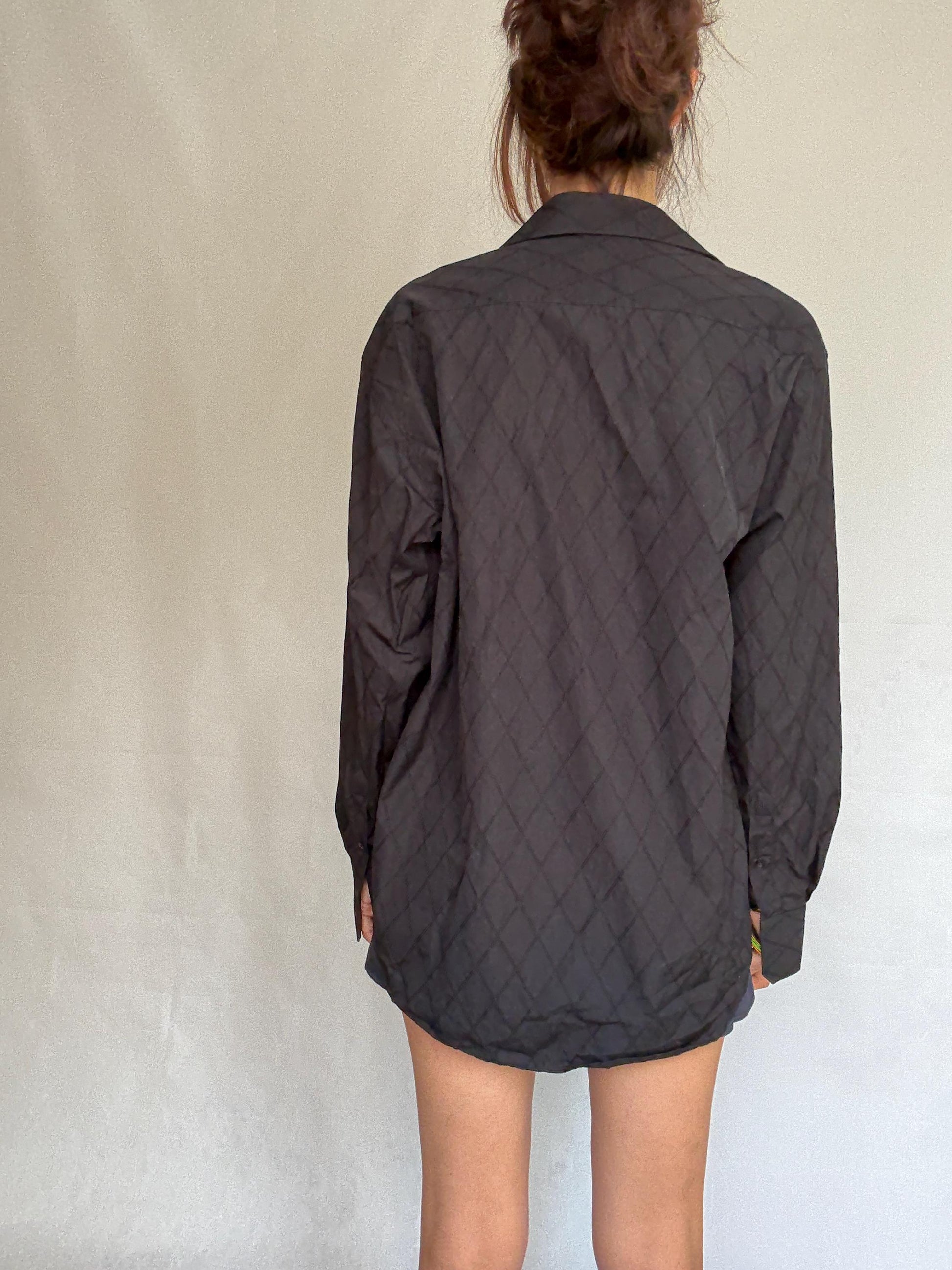 Vintage black quilted shirt, cotton, relaxed fit, classic button, up, diamond quilted pattern, streetwear Kristen Stewart, US L