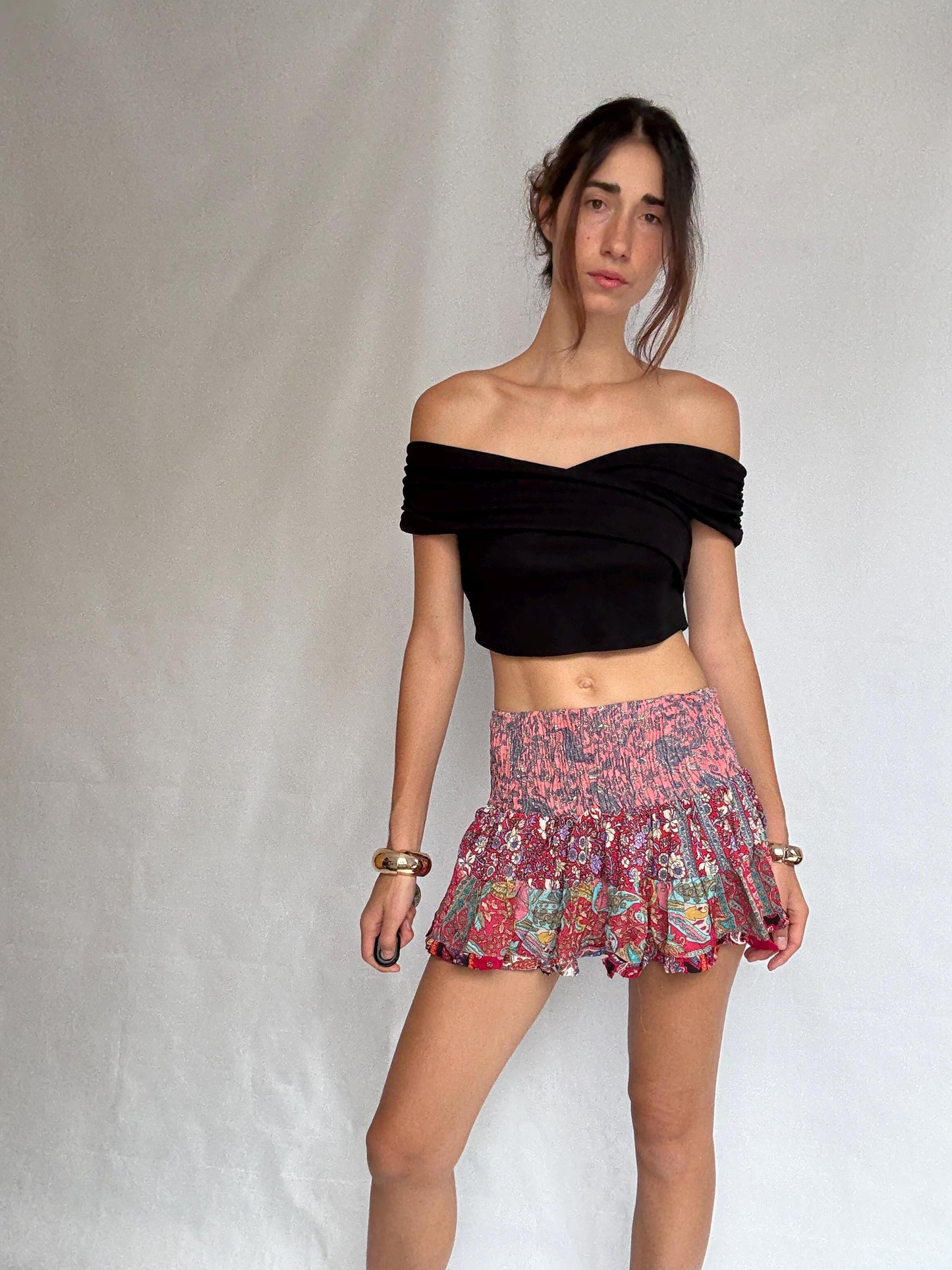 Bohemian patchwork sindia skirt, silk blend feel, high waist smocked band, tiered ruffle hem, bohemian festival vibe, US S, casual summer