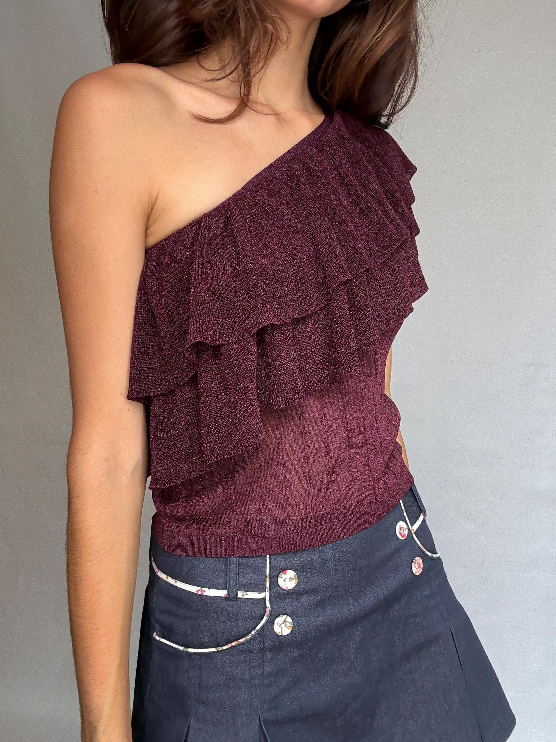 Vintage burgundy one, shoulder top, metallic ribbed knit feel, asymmetrical cut, ruffle detail, elegant chic vibe, US M, evening wear