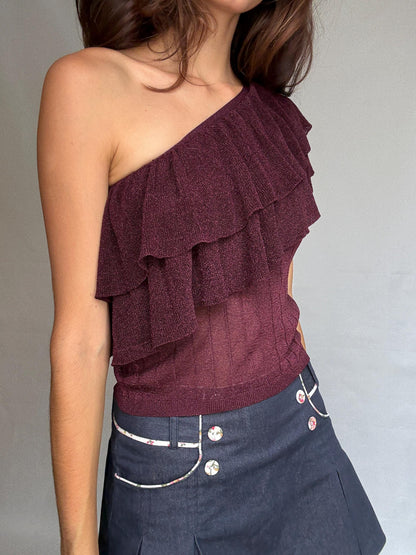 Burgundy Asymmetrical One Shoulder Evening Top — fabric close-up