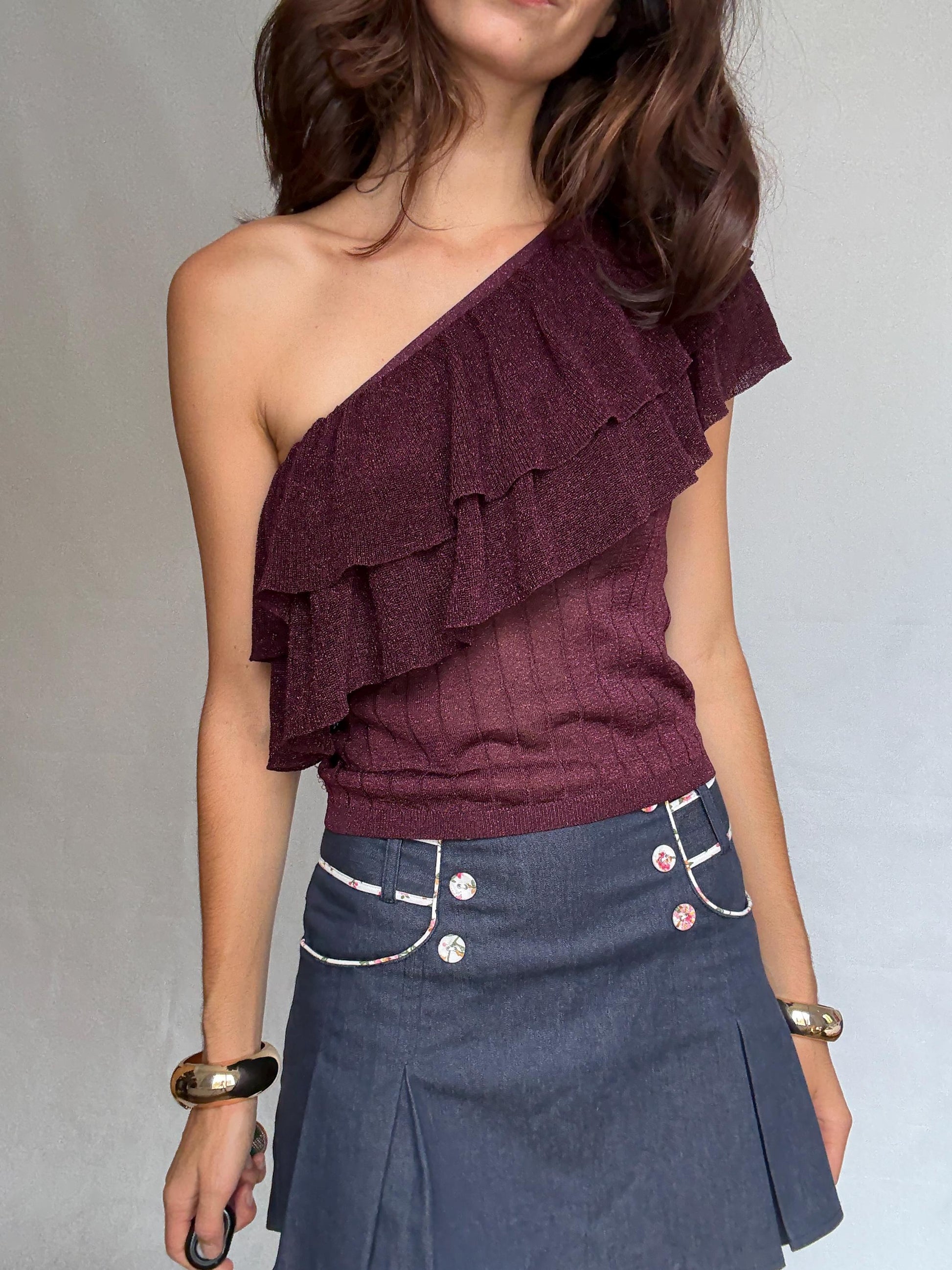 Vintage burgundy one, shoulder top, metallic ribbed knit feel, asymmetrical cut, ruffle detail, elegant chic vibe, US M, evening wear