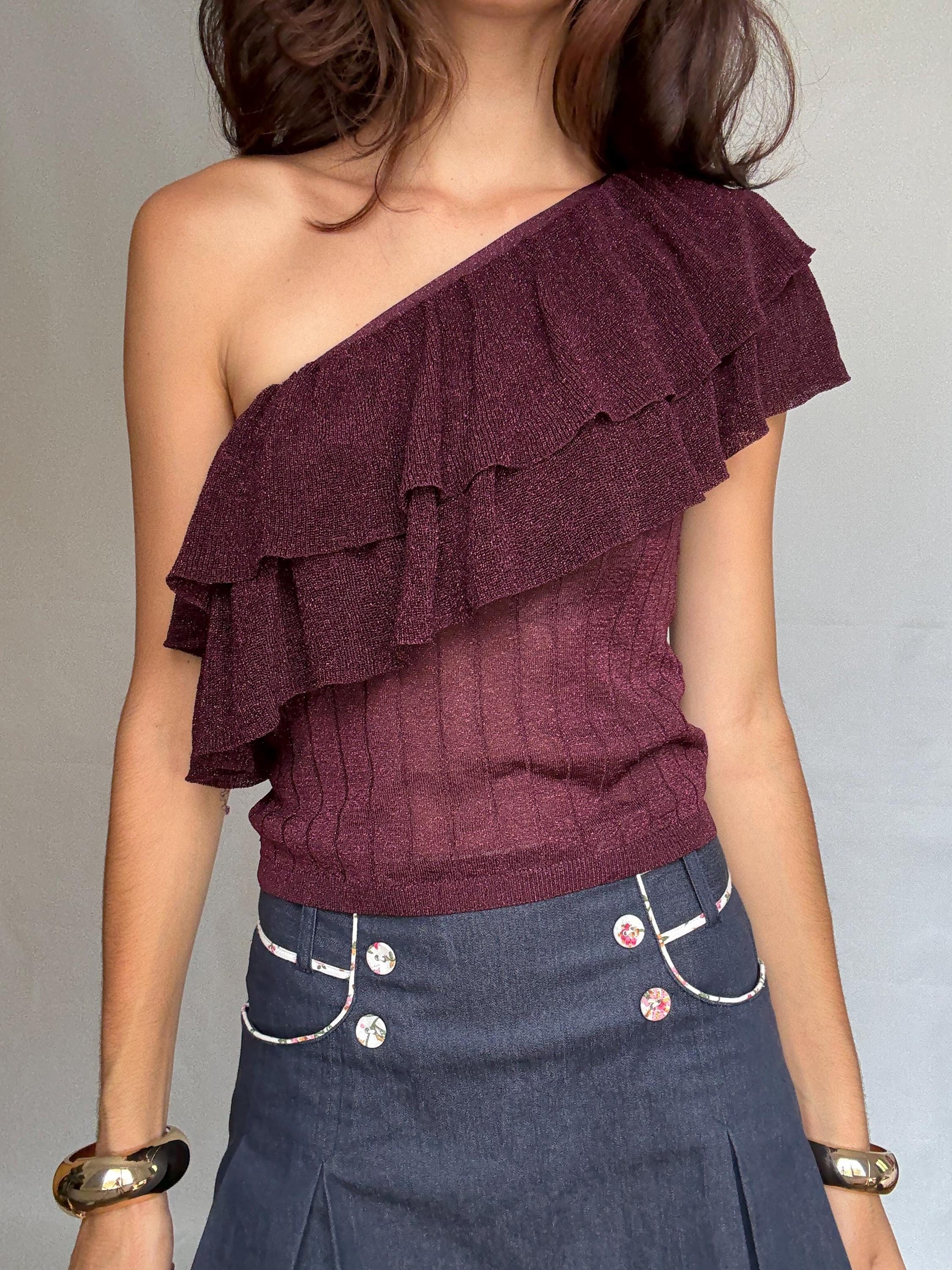 Vintage burgundy one, shoulder top, metallic ribbed knit feel, asymmetrical cut, ruffle detail, elegant chic vibe, US M, evening wear