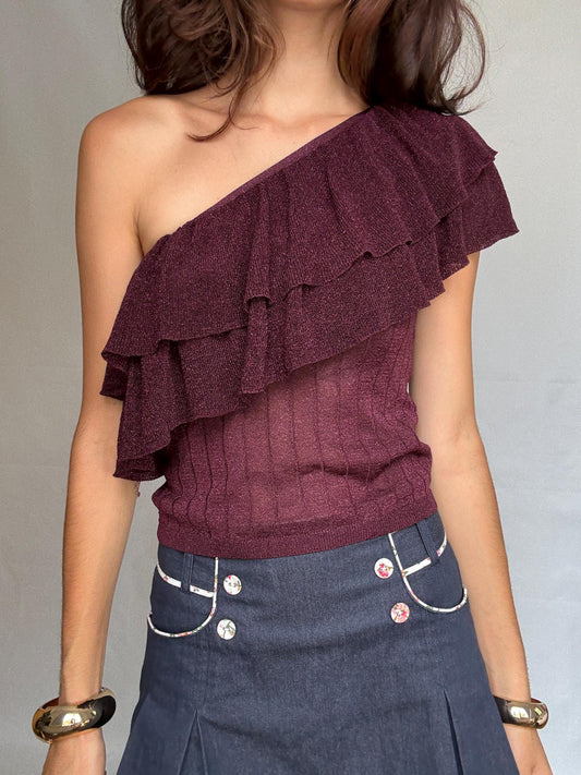 Vintage burgundy one, shoulder top, metallic ribbed knit feel, asymmetrical cut, ruffle detail, elegant chic vibe, US M, evening wear