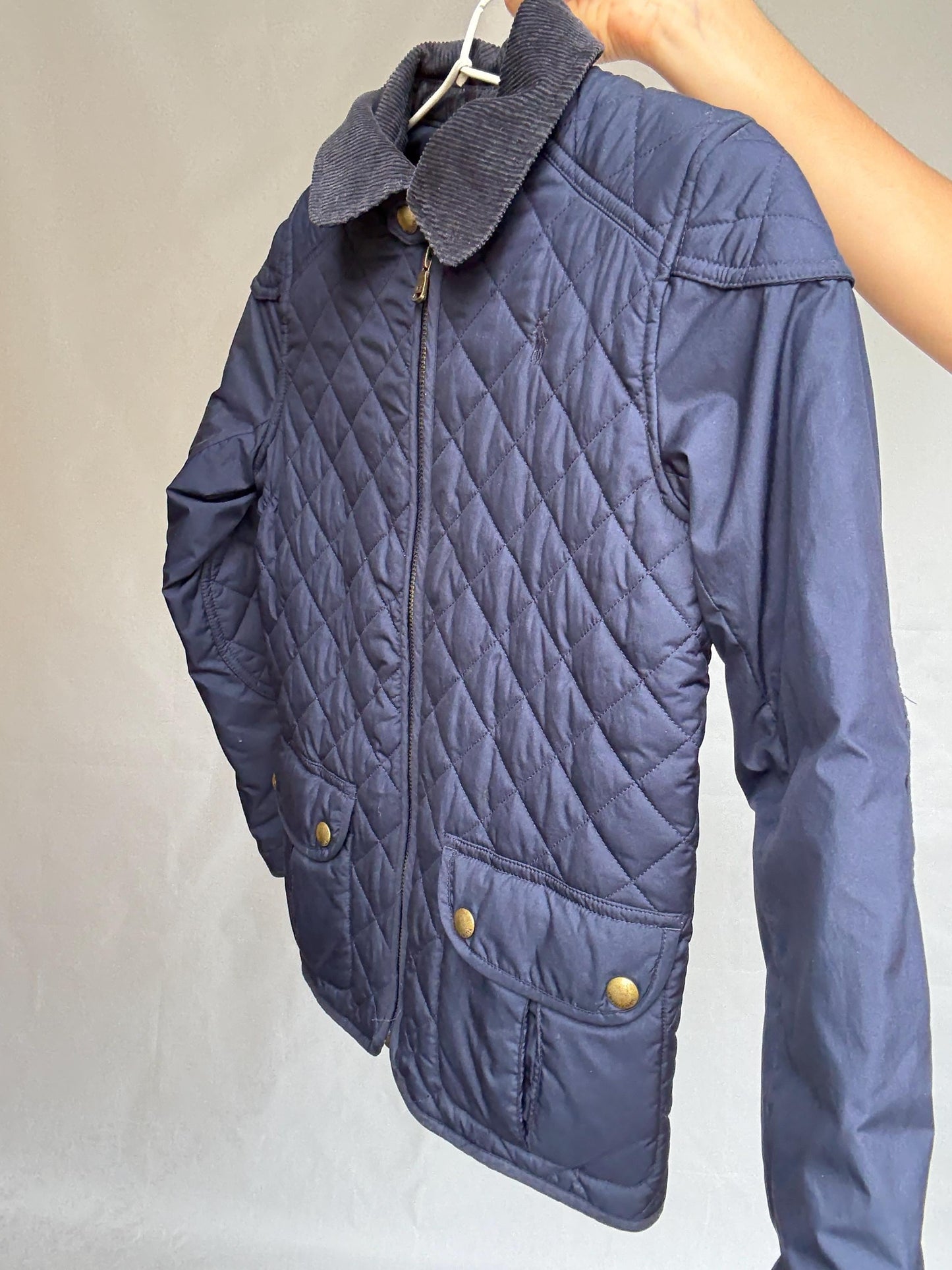 Polo Ralph Lauren kids navy quilted jacket, polyester feel, classic fit, zipper front, corduroy collar, casual streetwear, US M