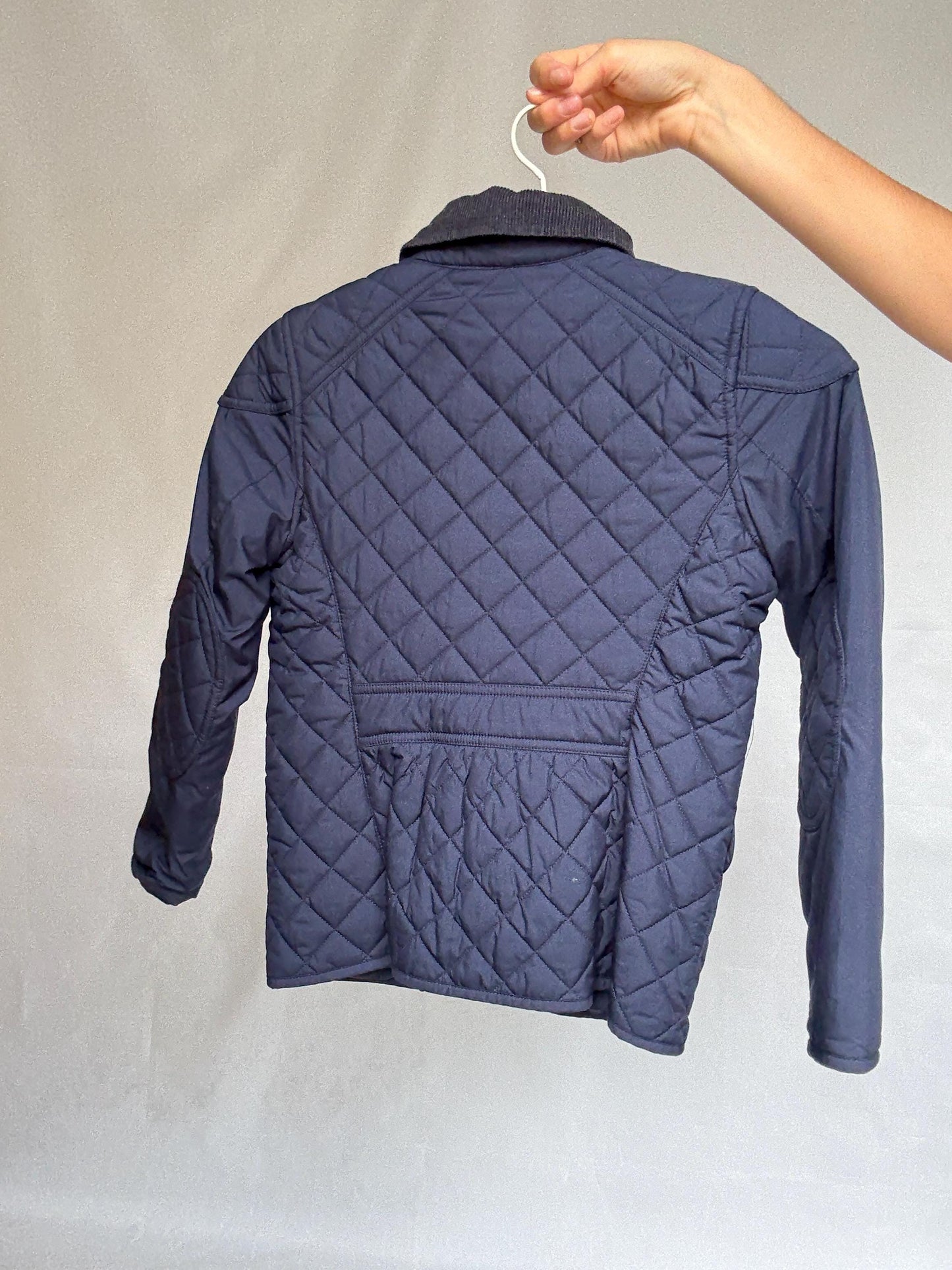 Polo Ralph Lauren kids navy quilted jacket, polyester feel, classic fit, zipper front, corduroy collar, casual streetwear, US M