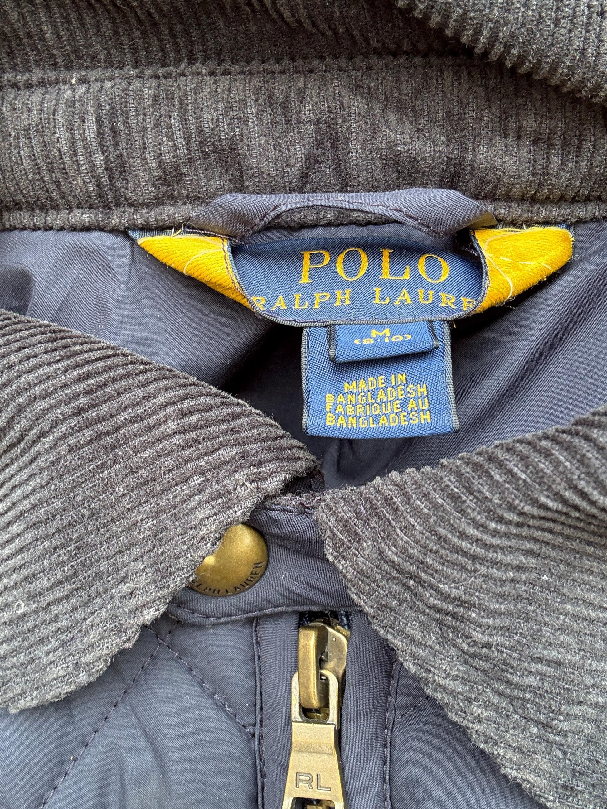 Polo Ralph Lauren kids navy quilted jacket, polyester feel, classic fit, zipper front, corduroy collar, casual streetwear, US M