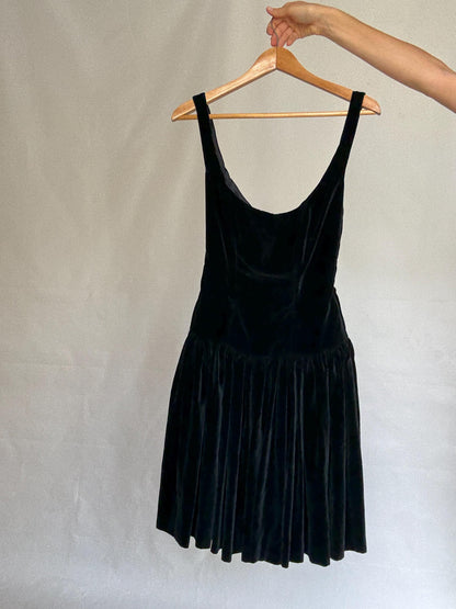 Vintage Katharine Hamnett London black velvet dress, fitted bodice, gothic cottagecore, XS