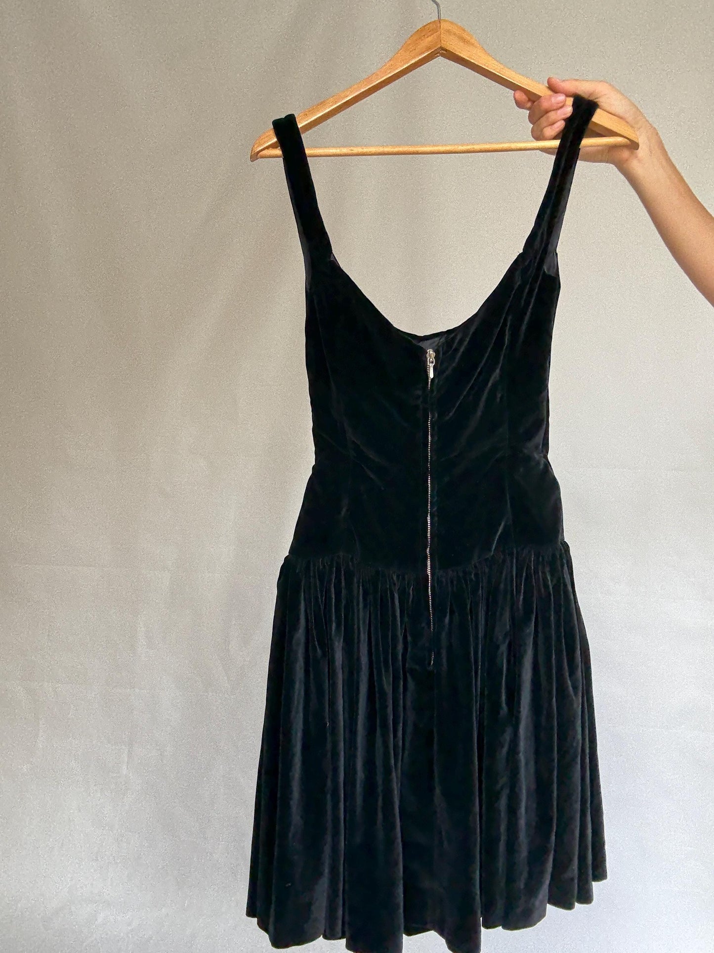 Vintage Katharine Hamnett London black velvet dress, fitted bodice, gothic cottagecore, XS