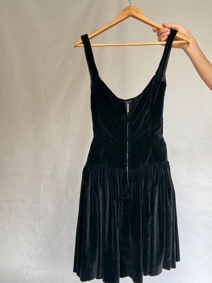 Vintage Katharine Hamnett London black velvet dress, fitted bodice, gothic cottagecore, XS