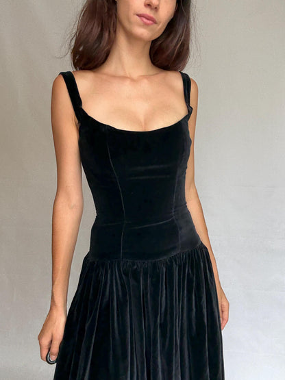 Vintage Katharine Hamnett London black velvet dress, fitted bodice, gothic cottagecore, XS