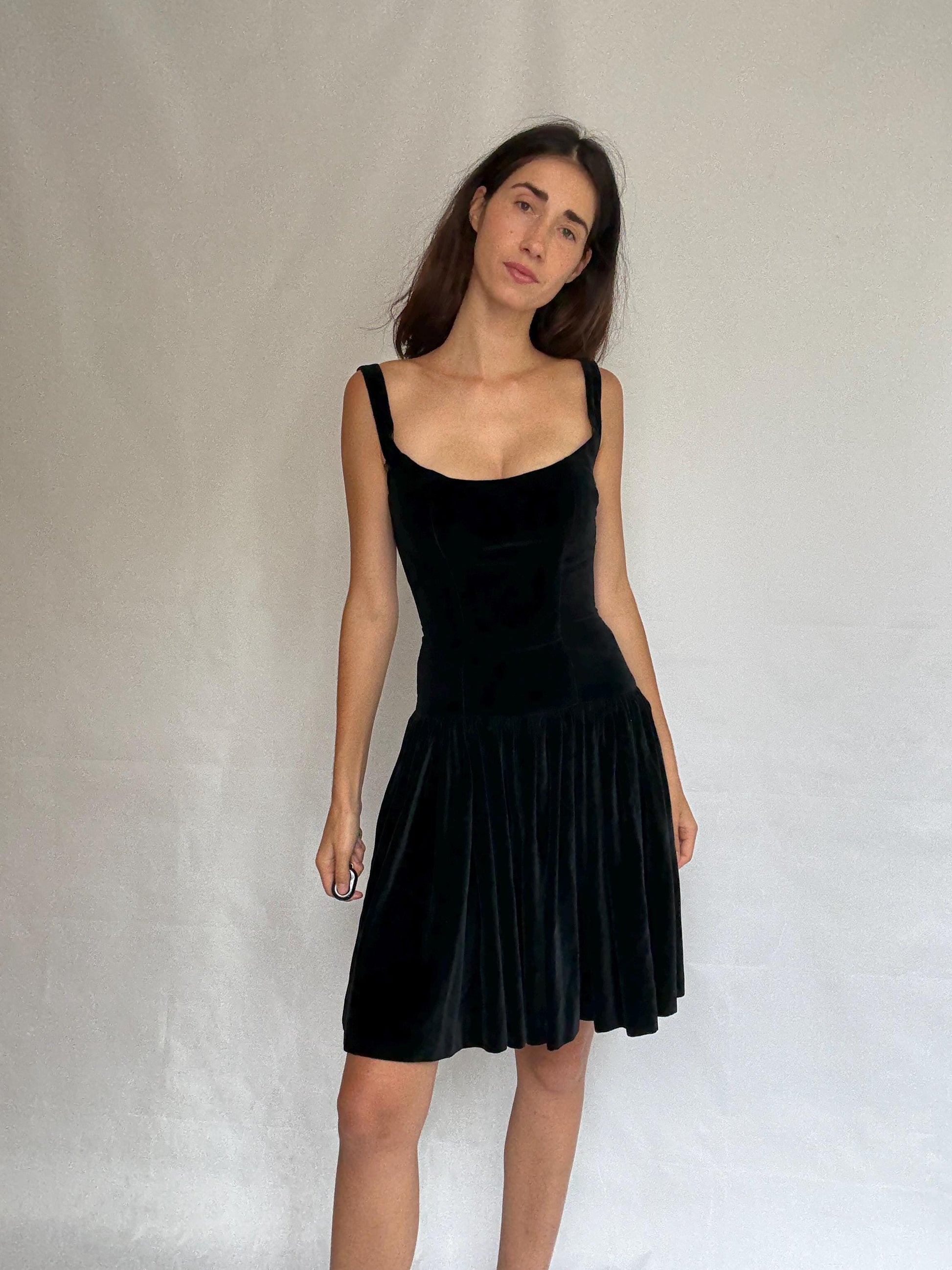 Vintage Katharine Hamnett London black velvet dress, fitted bodice, gothic cottagecore, XS