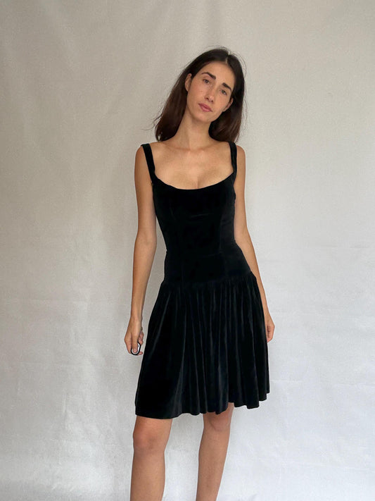 Vintage Katharine Hamnett London black velvet dress, fitted bodice, gothic cottagecore, XS